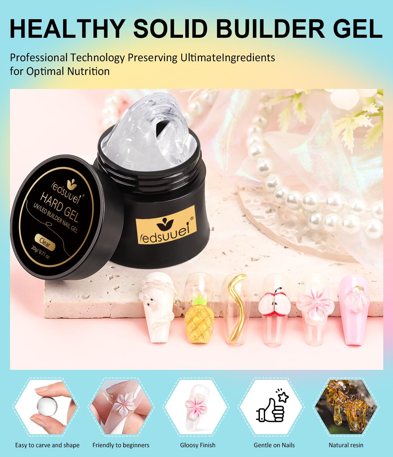 Solid Builder Gel for Nails LEDSUUEI - Clear 3D Nail Gel Sculpting Non-Sticky Hand Carving Glue Extension with 96PCS Extension for Manicure Salon Home Decoration DIY 20g