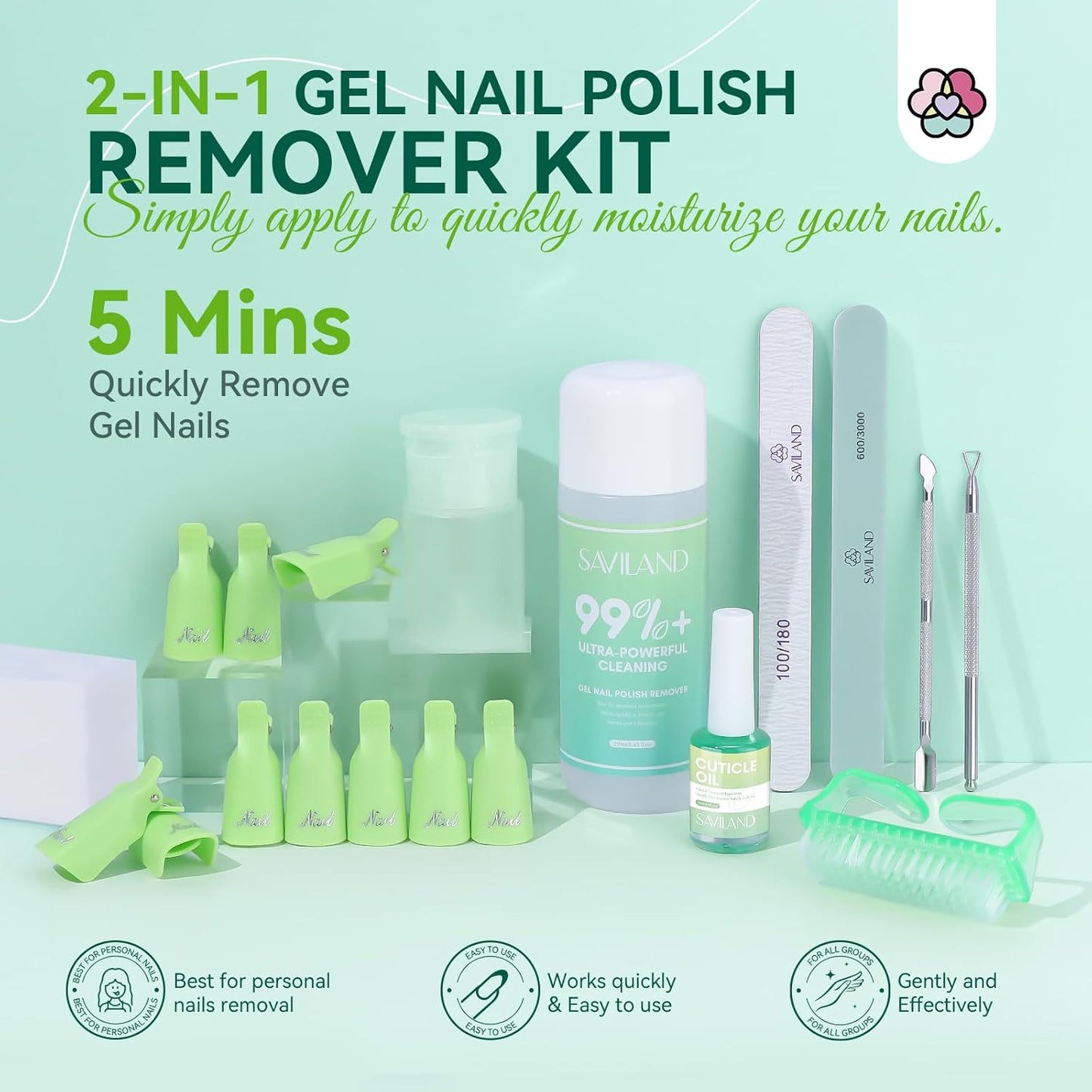 SAVILAND Gel Nail Polish Remover Kit: 8.45 OZ Cuticle Oil Gel Polish Remover Push Down Dispenser Bottle Nail Clips Nail File Cuticle Peeler Cotton Pad Home Salon Gel Remover for Nail