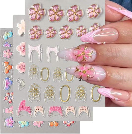 Stickers para Uñas Nail Stickers Self-Adhesive Sticker Gold Pink 3D Flower Embossed Calcomanías