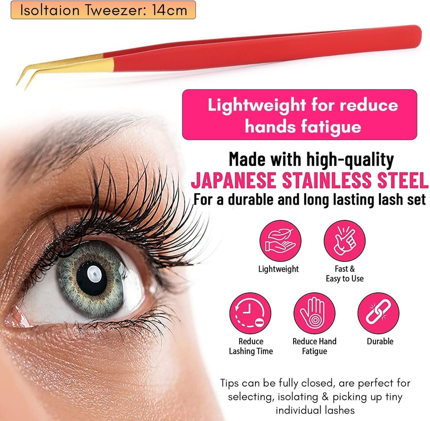 Isolation Tweezers for Eyelash Extension – 14cm Curved, Matte Red with Gold Tip, Stainless Steel, Best for Individual Isolation & Classic Lashes, Pinzas para Pestaña (Matte Red Gold Tip)