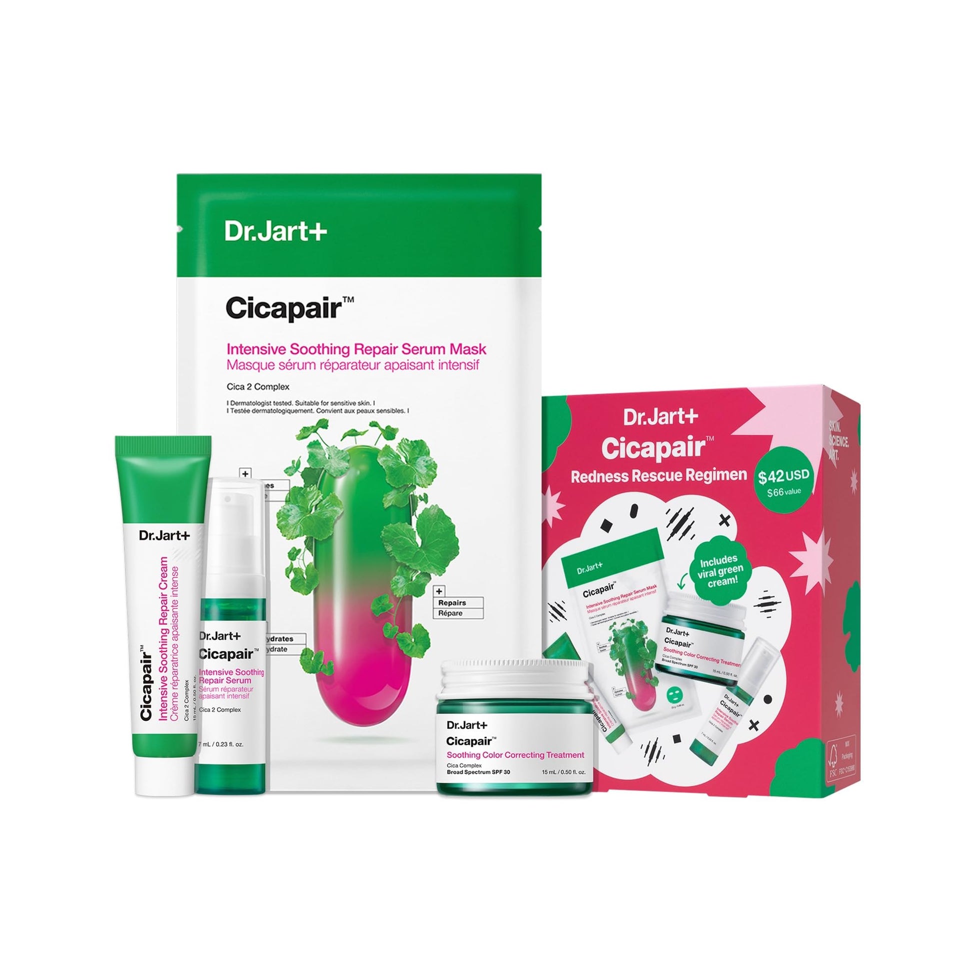 Dr.Jart+ Cicapair Redness Rescue Regimen Korean Skin Care Set with Centella Asiatica | 4 Piece