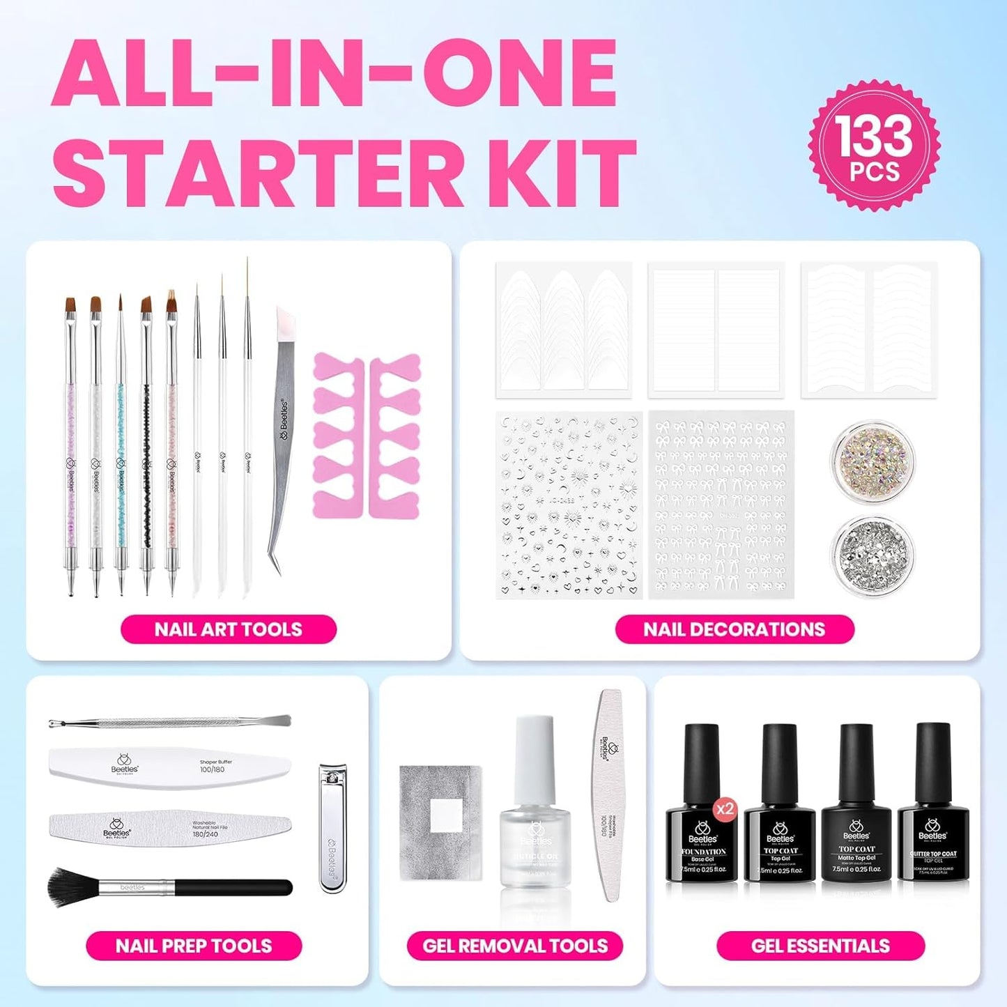 Beetles Gel Nail Polish Kit with U V Light, 100 Colors Gel Polish 133 Pcs Nail Stuff Kit for All Seasons with Base and Matte&Glossy Top Coat Infinite Inspirations Soak Off Gifts for Women Girls Teen