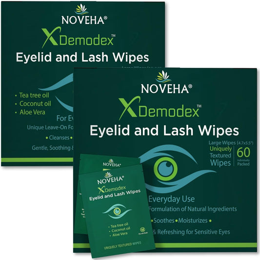 NOVEHA Demodex Eyelid & Lash Wipes | Box of 60 Individually Wrapped Extra Strength Cleansing