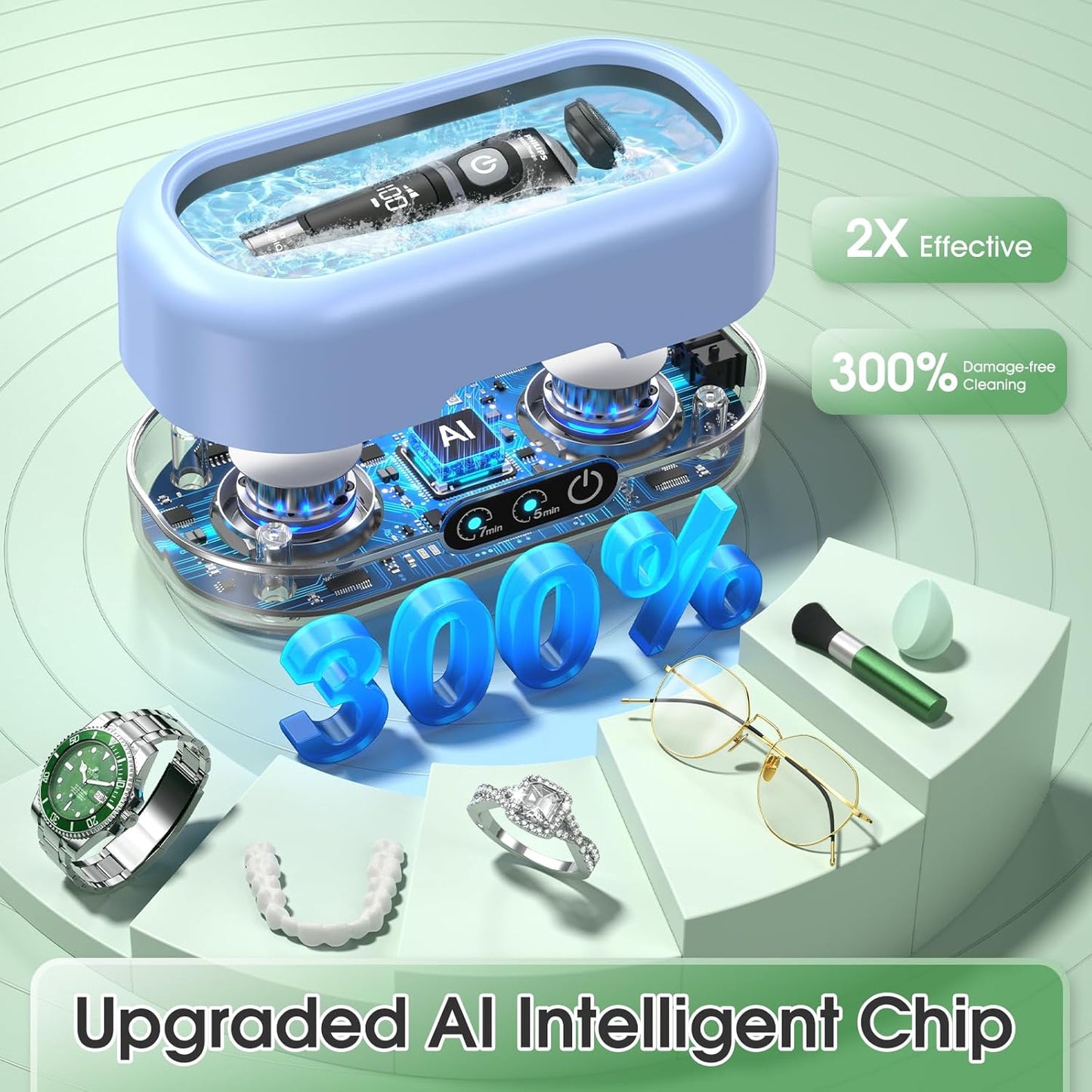 Professional Ultrasonic Jewelry Cleaner with Digital Timer,50KHz Ultrasonic Cleaner Machine with 304 Stainless Steel for Jewelry,Eyeglasses, Rings, Coin, Watch Strap, Dentures, Hygiene Items (Blue)