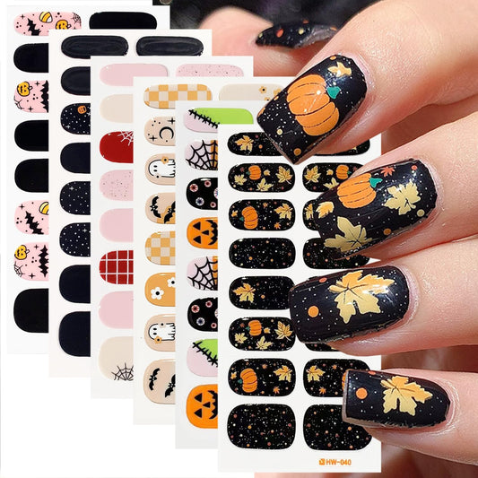 6 Sheets Halloween Gel Nail Strips Ghost Bat Pumpkin Nail Polish Stickers Maple Leaf Pumpkins