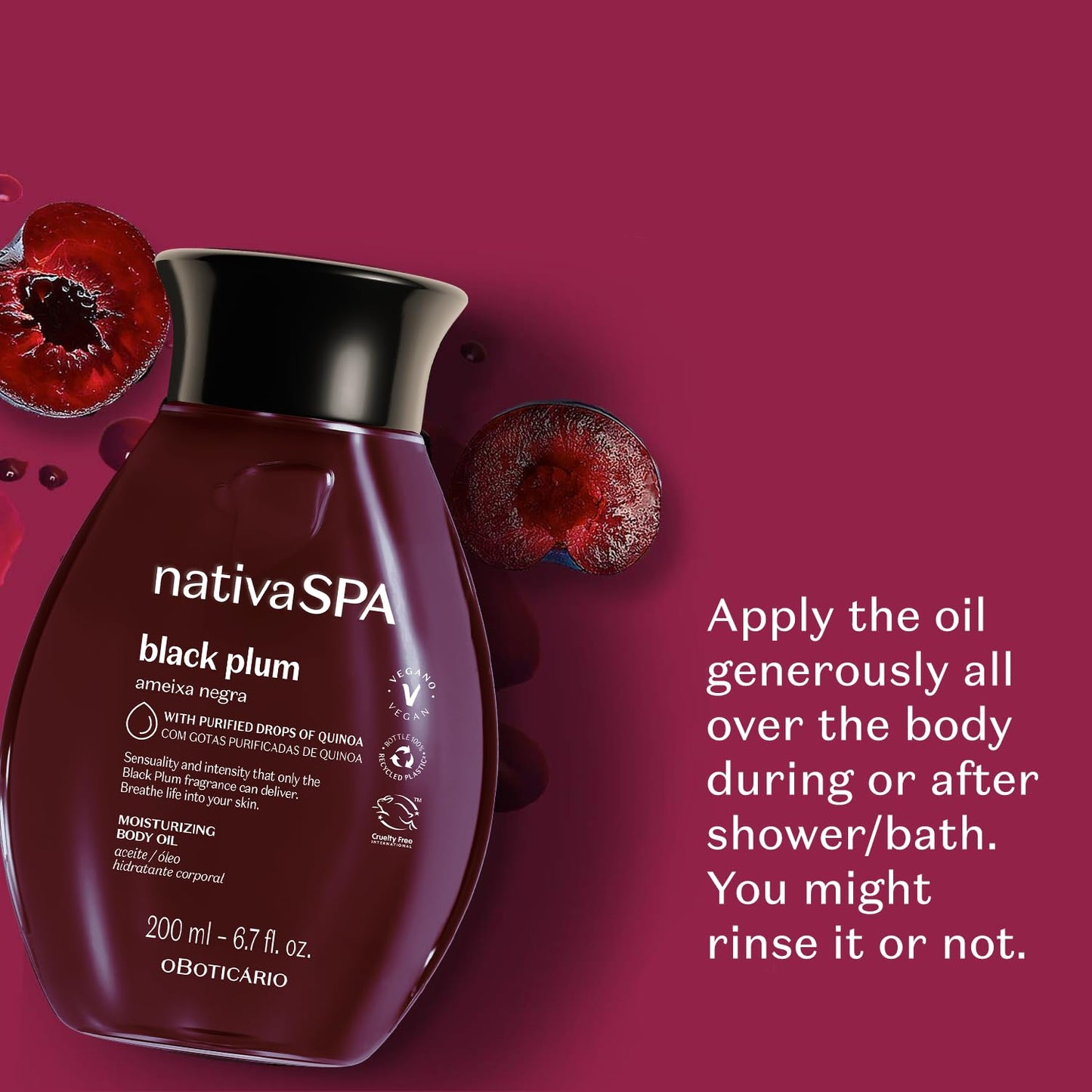 Nativa SPA by O Boticário, Black Plum Body Oil, Scented Moisturizer, Enriched with Purified Quinoa Drops to Boost Hydration, 6.8 Ounce