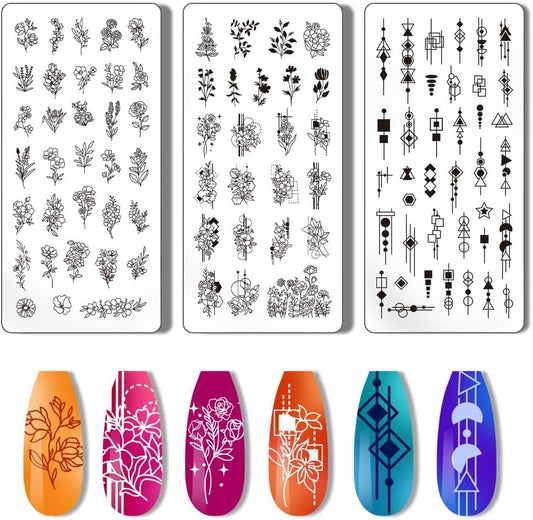 PH PandaHall 3pcs Nail Stamping Plate Plant Nail Stamper Flower Nail Art Stencils Printing Template