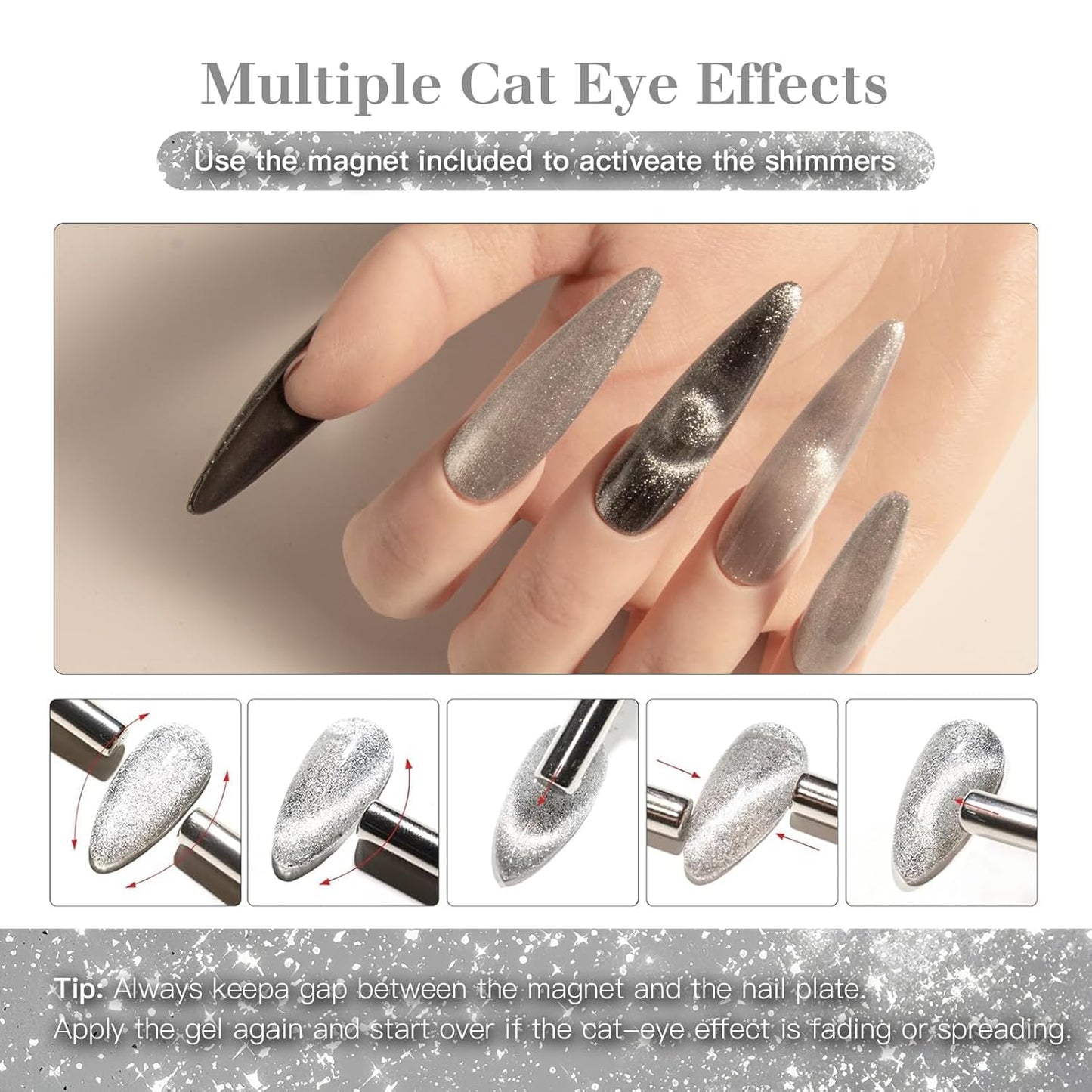 Cat Eye Gel Nail Polish with Magnet Stick, 15ml Magnetic Gel, Create Stunning Cat Eye Effects for DIY Manicures, Long-Lasting, Salon-Quality Finish, Silver Glow