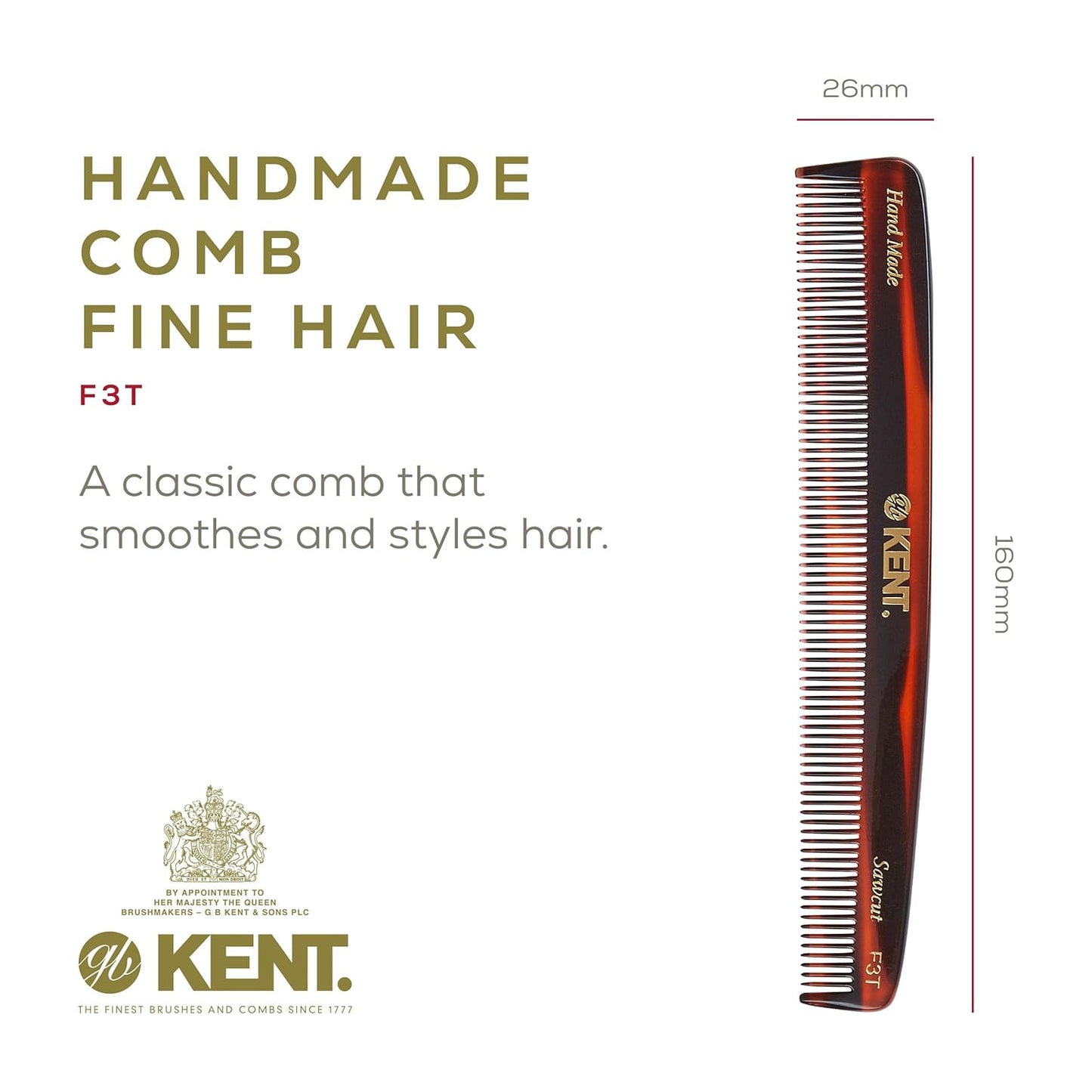 Kent F3T Fine Tooth Comb for Hair Parting, Handmade Combs for Men and Straightening Comb for Women, Dandruff Remover Kent Mens Combs for Fine Hair