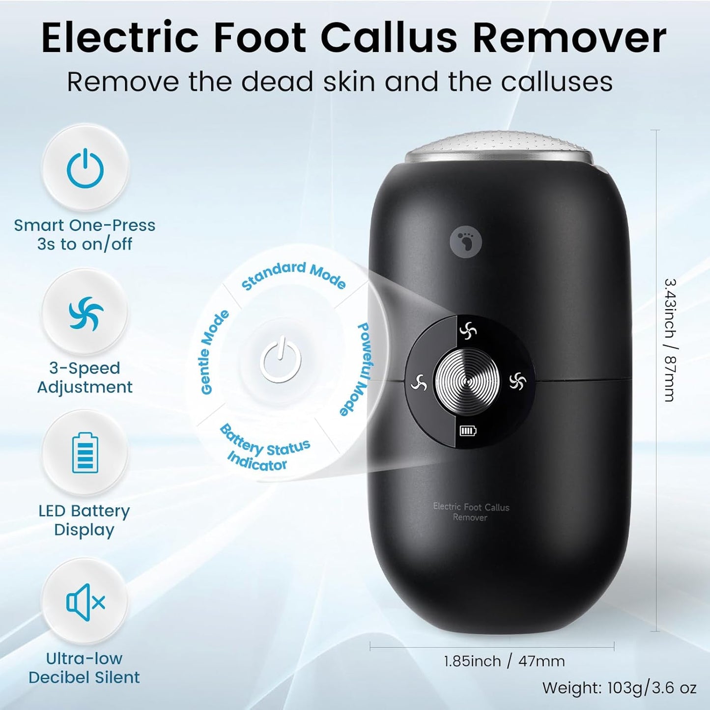 Quaferen Electric Foot Callus Remover 3-Speed Rechargeable Foot File Portable Pedicure Tools for Feet with Stainless Steel Head IPX6 Waterproof Foot Scrubber for Dead Hard Cracked Dry Skin (Black)