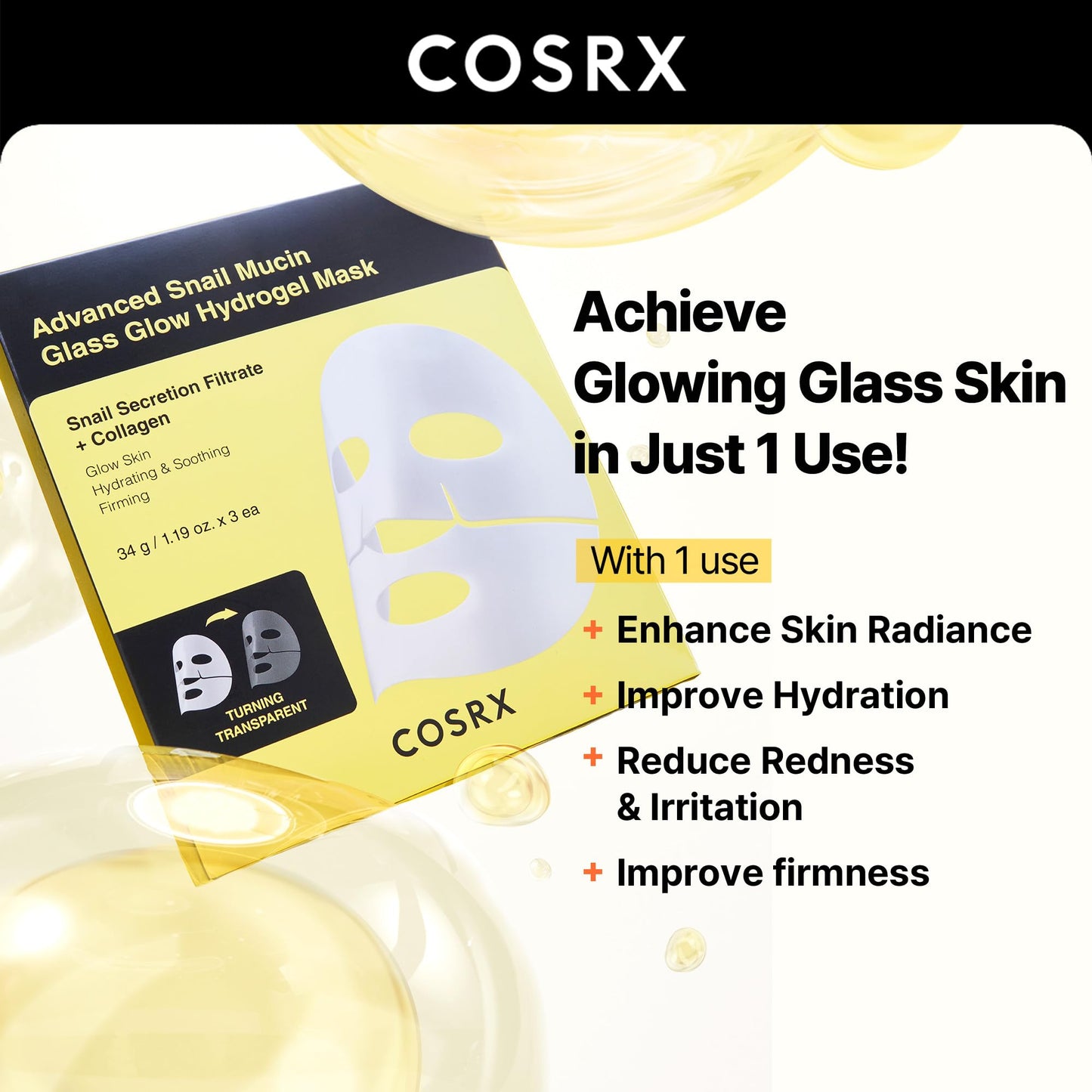 COSRX Advanced Snail Mucin Glass Glow Hydrogel Face Masks Skincare 3 EA
