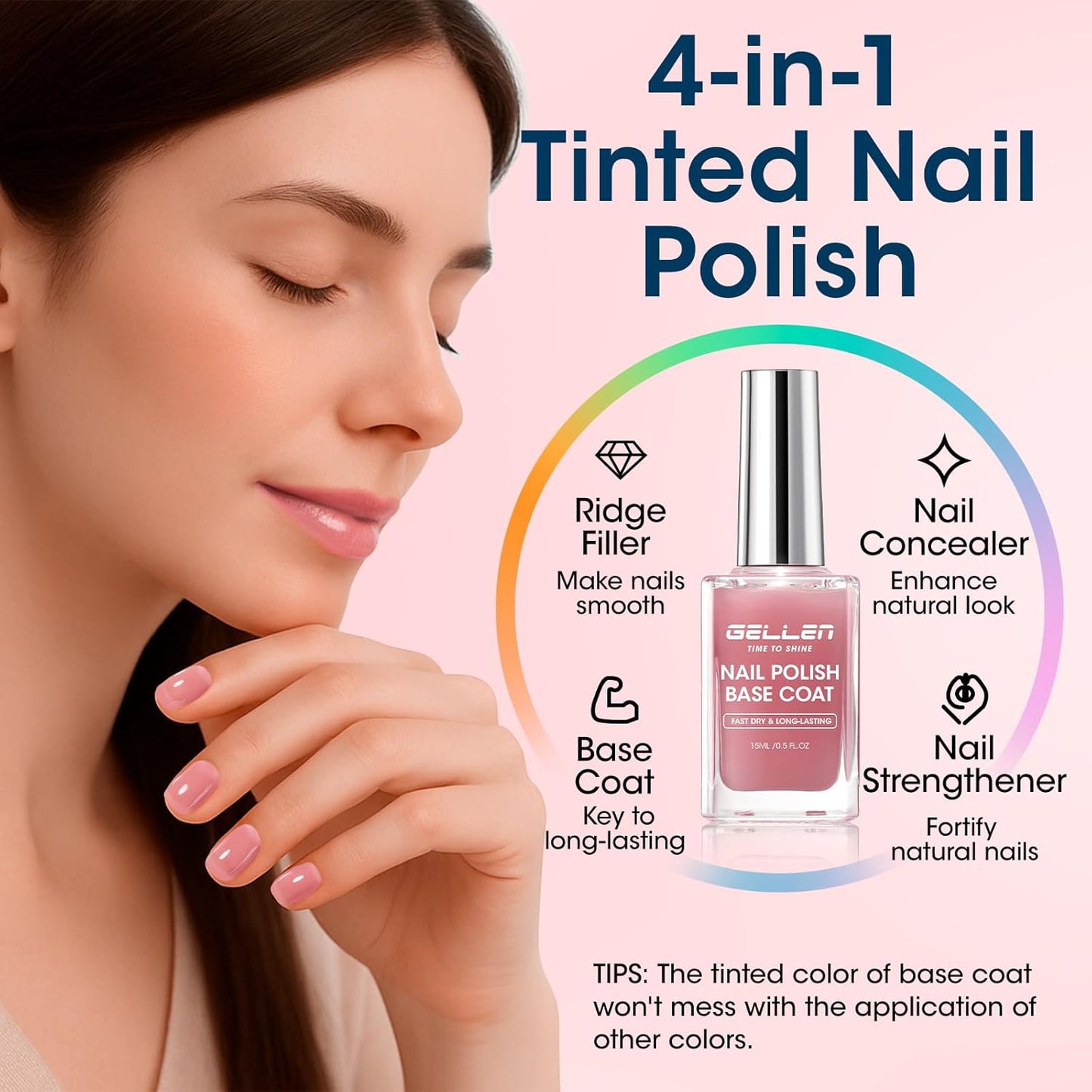 GELLEN 4-In-1 Clear Nail Polish Base Coat Dusty Pink Tint, Sheer Rose Ridge Filler For Nails, Nail Strengthener Concealer, Calcium Formula Smoothes Strengthens Nails, Enhances Natural Look, HEMA Free