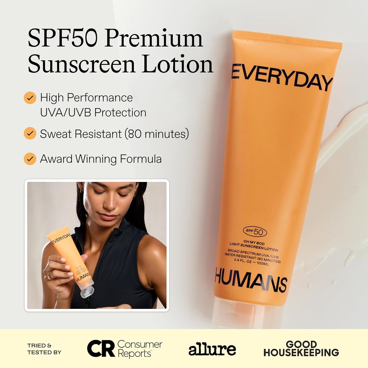 Everyday Humans Oh My Bod SPF50 Sunscreen Body Lotion 3.4 oz | Travel Ultra Light & Invisible SPF | Sweat & Water Resistant | Doesn't Sting Eyes | UVA/UVB Broad Spectrum Protection | Oxybenzone Free