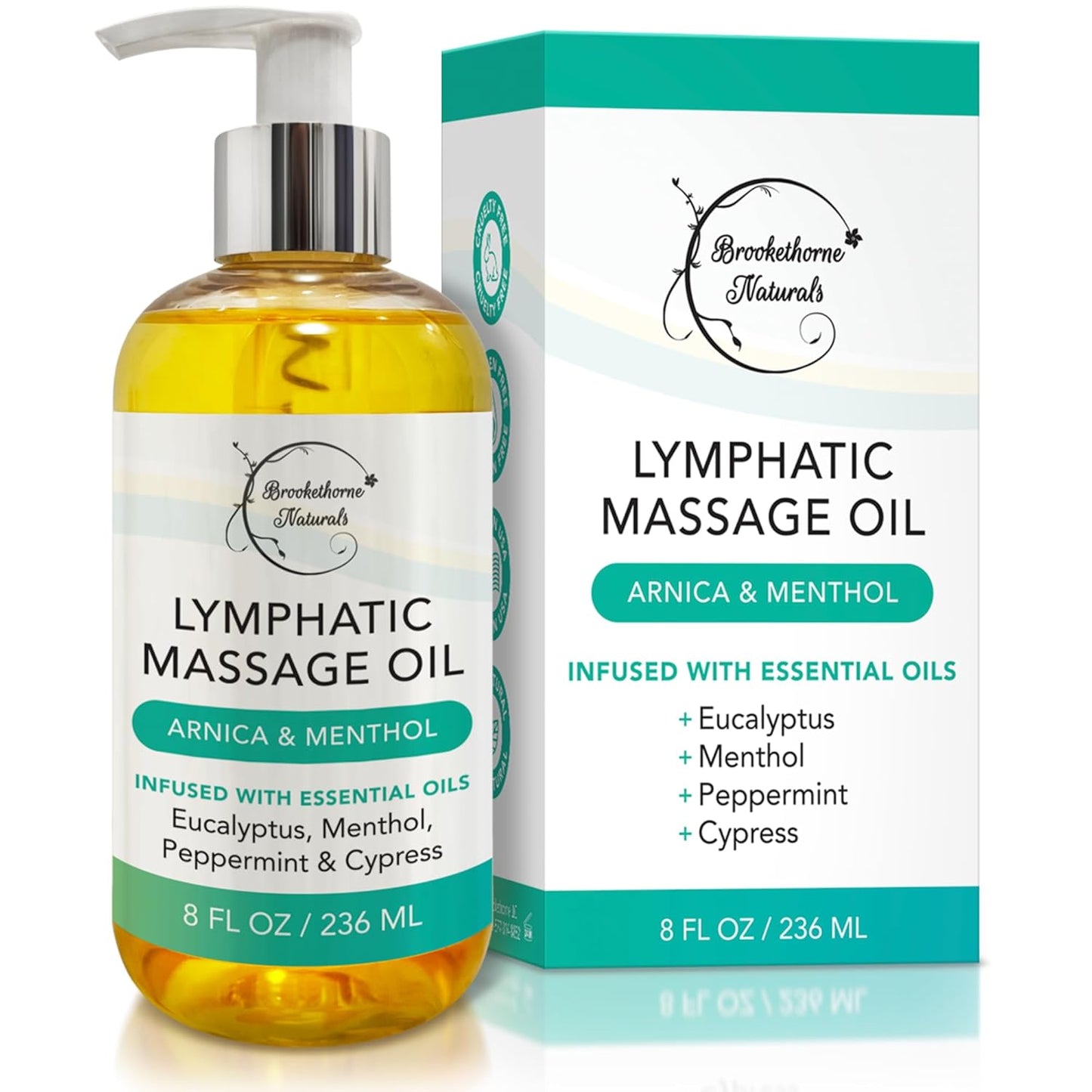 Lymphatic Drainage Massage Oil for Massage Therapy | Premium Quality, 100% Natural with Arnica Eucalyptus & Menthol | for Post Surgery Recovery & Detox | 8oz by Brookethorne Naturals