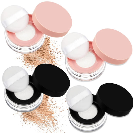 Tessco 4 Pcs 10ml/0.34oz Dusting Powder Containers with Puff Portable Loose Powder Container Reusable DIY Empty Makeup Container No Leak Travel Compact Case with Sponge Puff Elastic Net Sifter