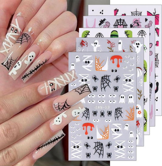 6Sheets Halloween Nail Stickers - Cute Ghost Nail Decals, 3D Self-Adhesive Pink Pumpkin Spider Web