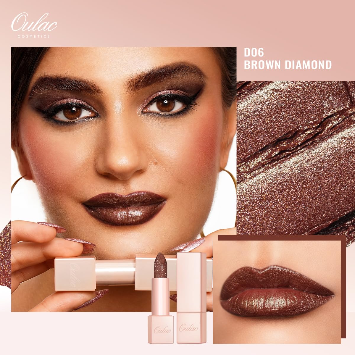 Oulac Moisture Nude Brown Lipstick Set 3PCS - Infinity High Shine Finish, Hydrating Vegan Lipstick Infused with Damask Rose Oil for All-Day Comfort, Gluten-Free, PG13+PG06+D06