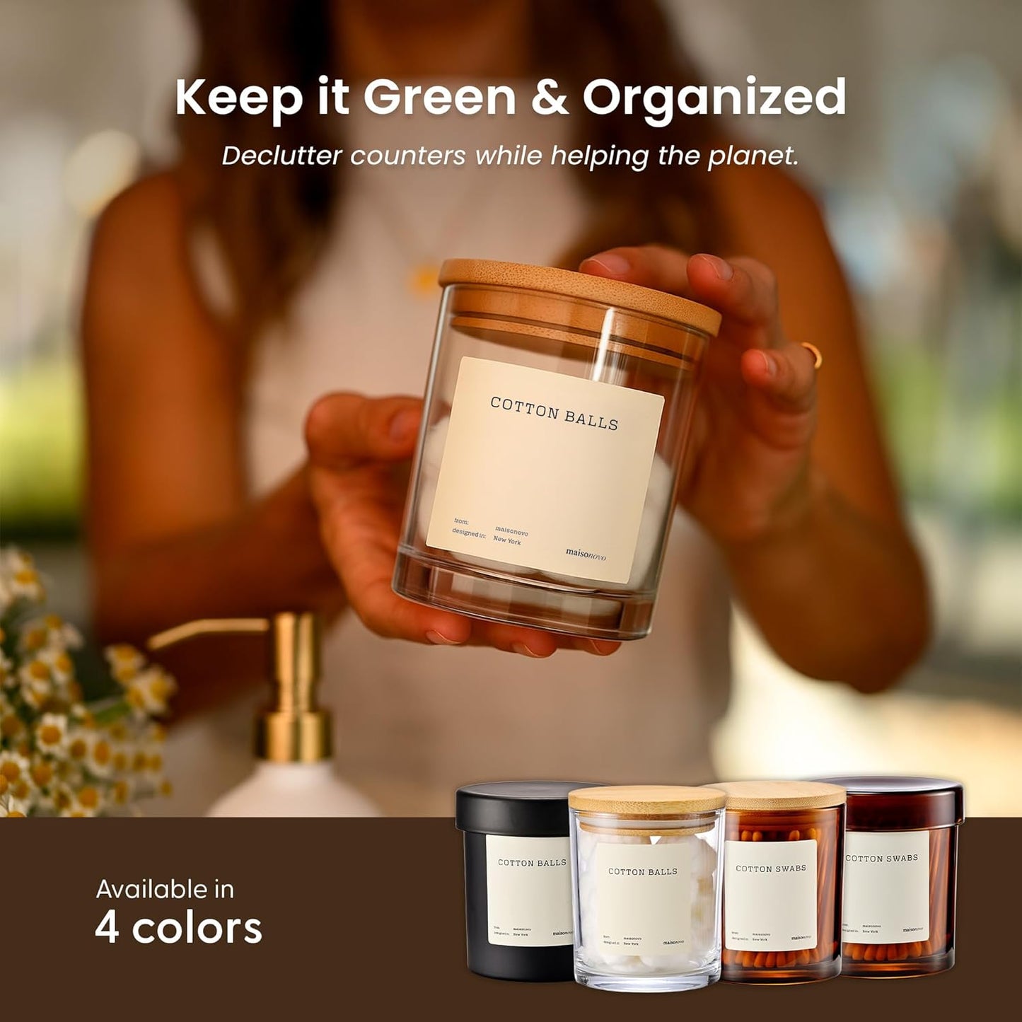 MaisoNovo Qtip Holder Bathroom Set – Airtight Q tip and Cotton Round Holder with Lid to Store Cotton Rounds, Swabs, Floss Picks, Hair Ties with Free Labels Pack - 2 Clear Jars with Bamboo Lids