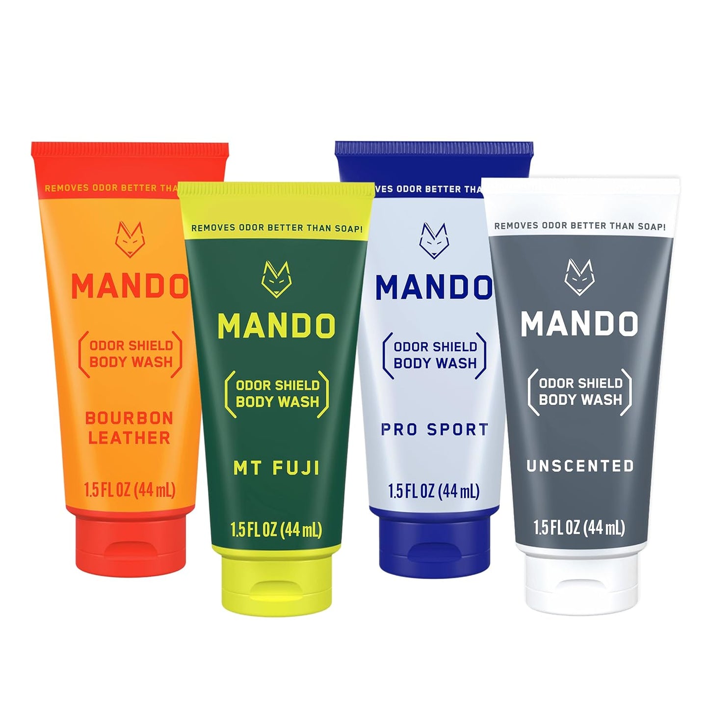 Mando Mini Body Wash - 24 Hour Odor Control - Removes Odor Better than Soap - 1.5 Ounce Tubes (Pack of 4, in 4 scents: Bourbon Leather, Pro Sport, Mt Fuji, Unscented)