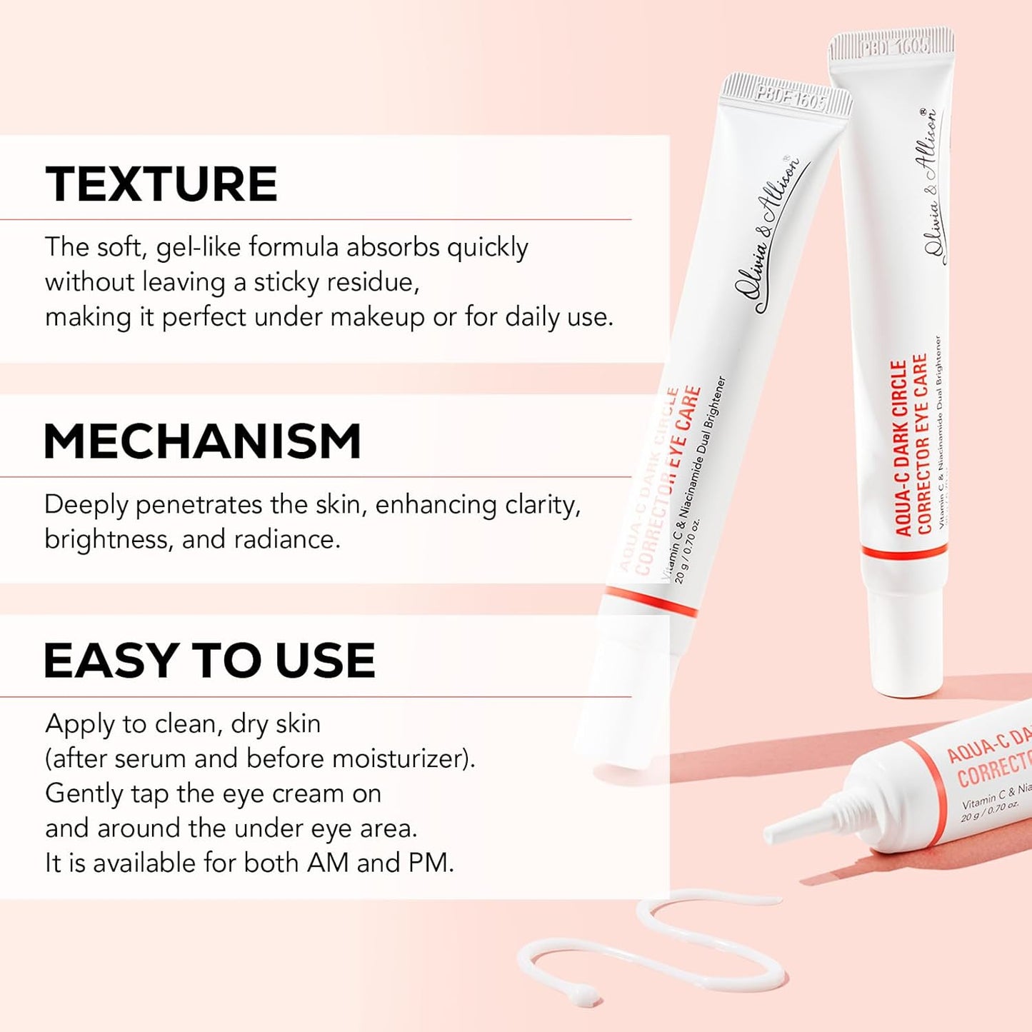 Olivia & Allison Dark Circle Corrector Eye Serum - Vitamin C, Squalane & Niacinamide for Brightening & Revitalizing (0.70 oz)