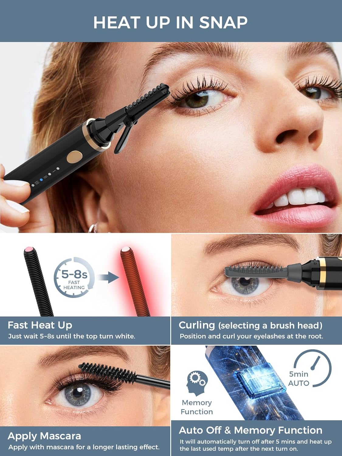 Smiling Shark Heated Eyelash Curler, 2025 New 360°Wand-Style Heated Lash Brush Rechargeable with 3 Brush Heads & 3 Temp 【Lengthen/Define/Curler】 3-in-1 Lash Curler for All Types of Lashes, Black