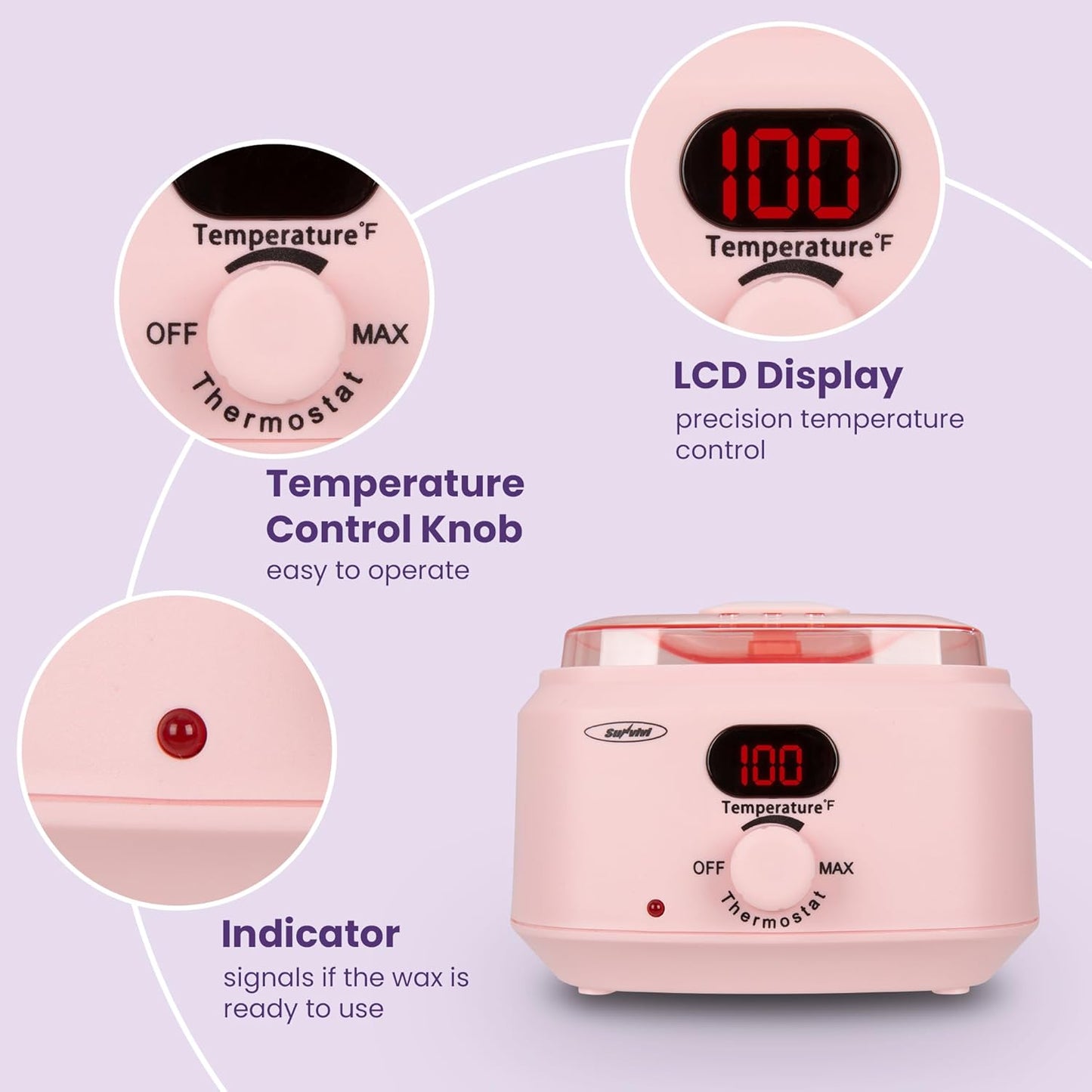 Sunvivi Wax Kit Digital Hair Removal Waxing Kit for Women & Men, Hot Wax Warmer Pot with 5 Bag Hard Wax Beads, Wax Melt Warmer Kit for Full Body, Legs, Face, Bikini,Sensitive skin, Pink