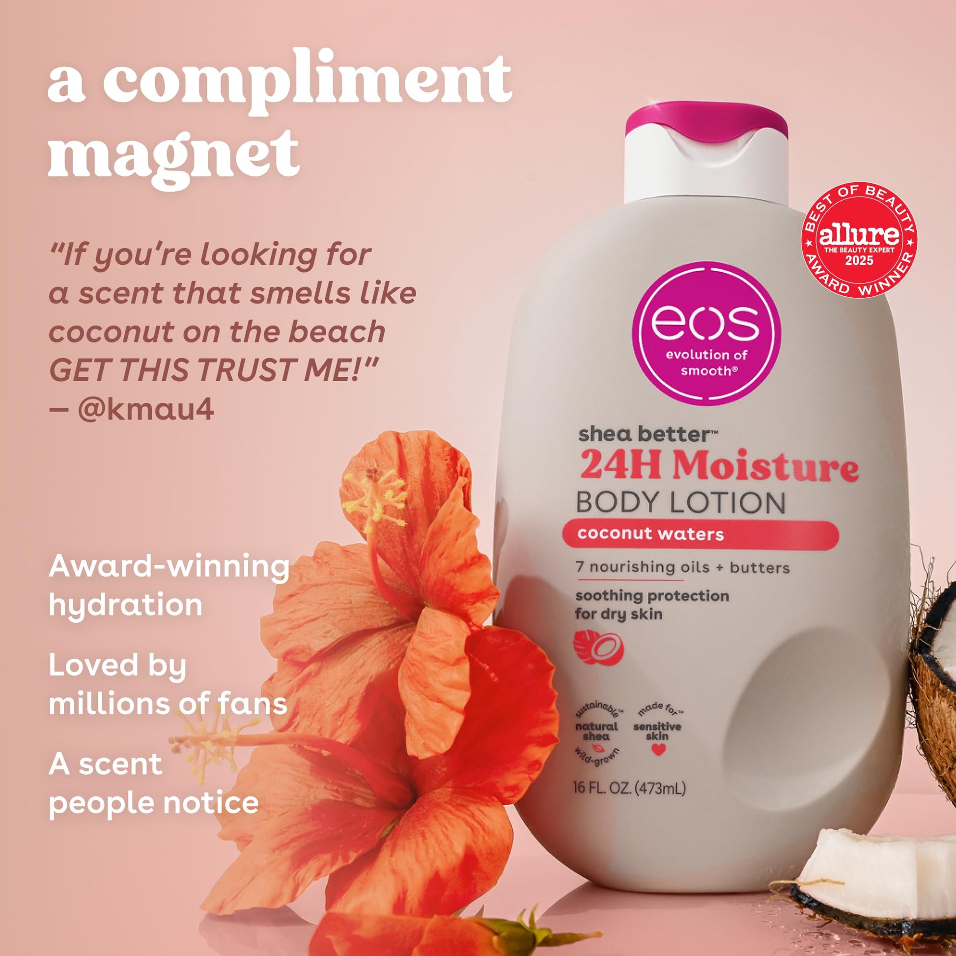 eos Shea Better Body Lotion Coconut Waters, 24-Hour Moisture Skin Care, Lightweight & Non-Greasy