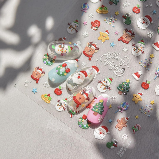 Christmas Nail Art Sticker 5D Embossed Xmas Nail Art Decals Santa Claus Elk Snowman Rhinestone