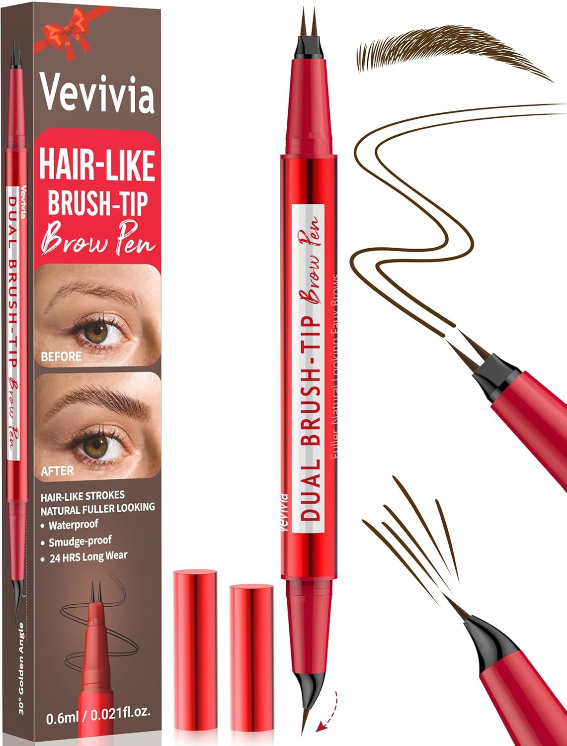 Vevivia Eyebrow Pencils for Women - Eyebrow Pen with Dual-Brush-Tip & Curved Tip for Natural Fuller-Looking Brows, Precise Hair-Like Strokes for All Brow Types, Last All-Day Brow Makeup, Dark Brown