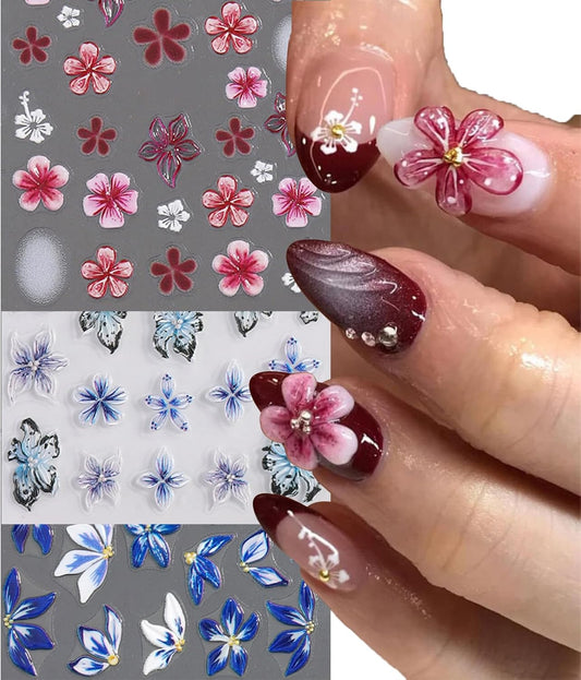 Stickers para Uñas Nail Stickers Self-Adhesive Sticker Red Blue 3D Wild Flower Calcomanías para