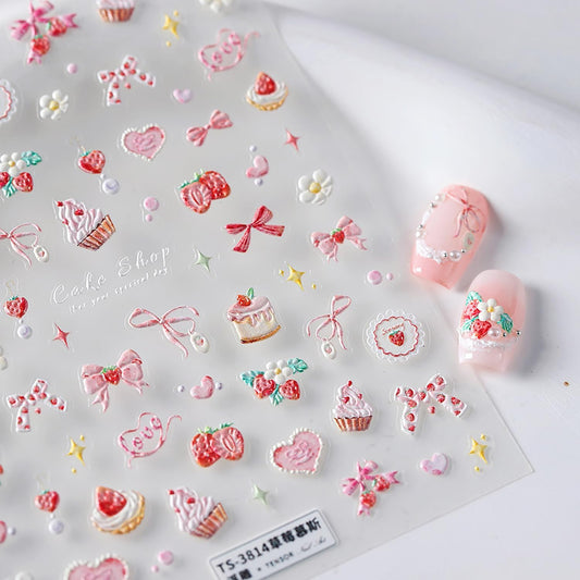 5D Embossed Bow Nail Stickers Pink Bow Nail Decals for Acrylic Nails Designs Self Adhesive Pink