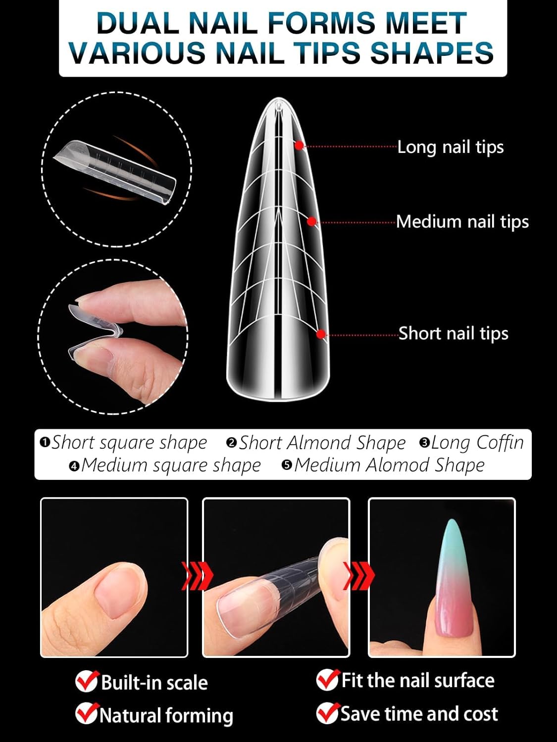 TOROKOM 288PCS Nail Dual Forms for French Nails, Dual Nail Forms Molds Acrylic Nail Tips, 144PCS Duet System Dual Forms Sticker Silicone Reusable Pads, 12 Styles Scale for Manicure Extension, Clear