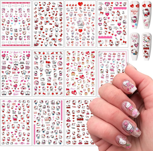 Valentines Nail Stickers Pink Cat Nail Art Stickers 3D Cat Self-Adhesive Nail Design Supply Heart