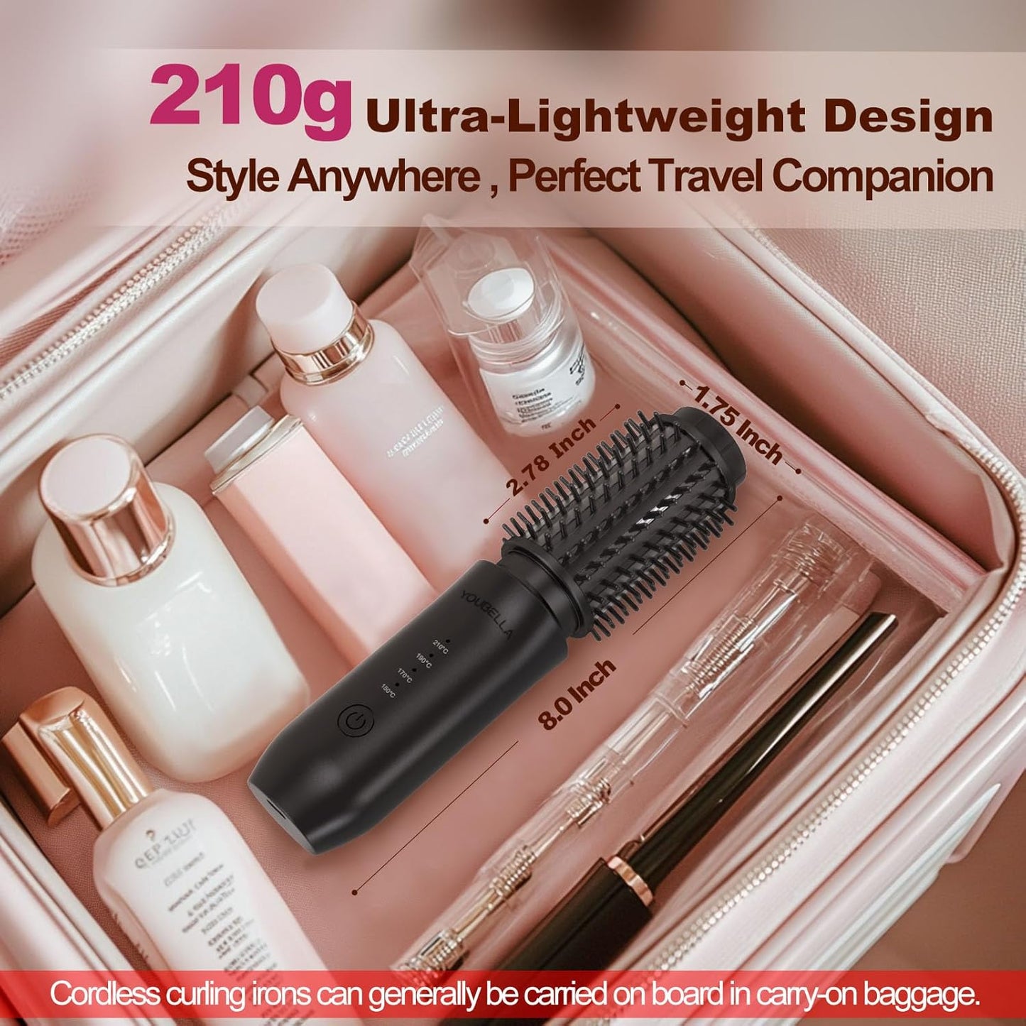 Cordless Hair Curling Iron Brush, Mini Travel Hot Straightener Comb, 3-In-1 Portable Wave Curling Wand, 1.5″ Ionic Heated Brush, USB Rechargeable Hair Curler, All Black –No Automatic Rotation