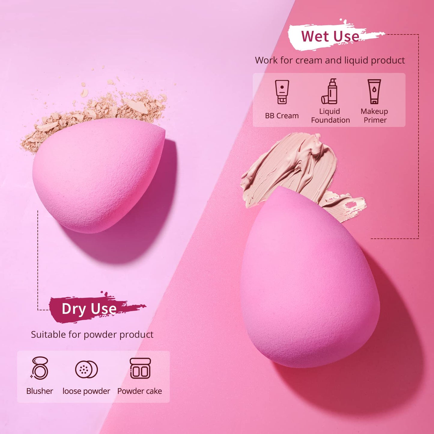 BEAKEY Makeup Sponge Set for Blending, Pink Soft Beauty Sponges