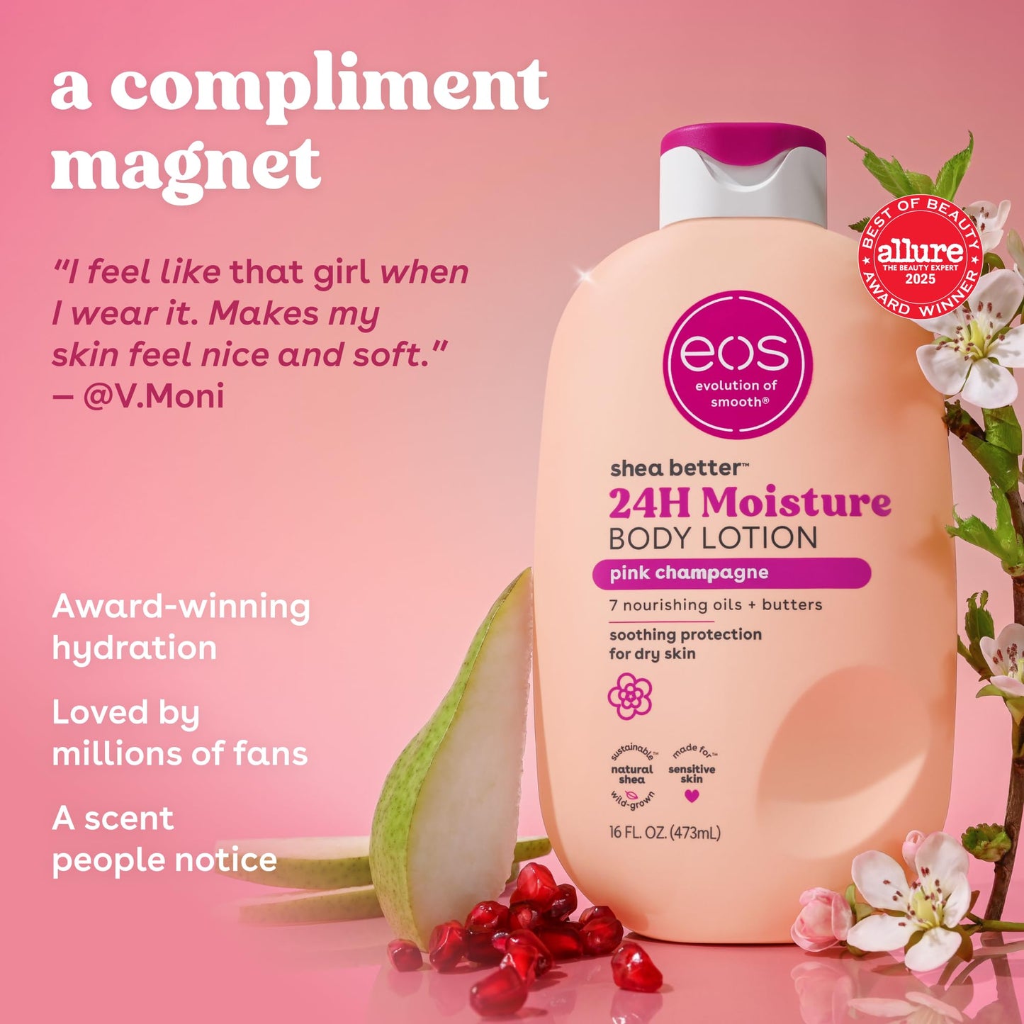 eos Shea Better Body Lotion Pink Champagne, 24-Hour Moisture Skin Care, Lightweight & Non-Greasy