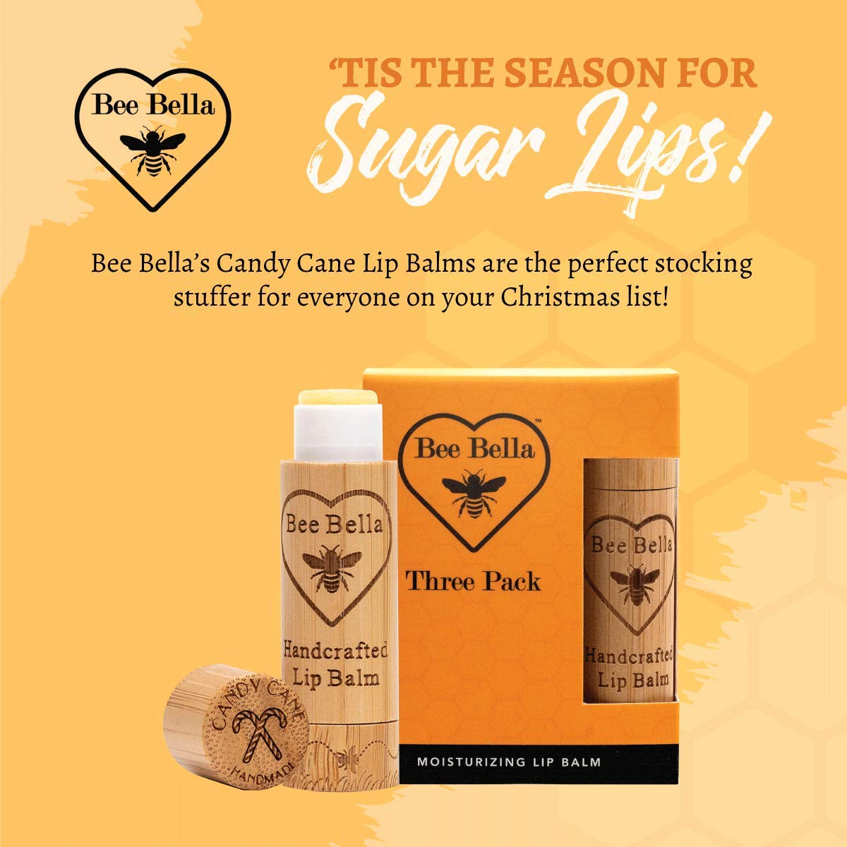 Bee Bella Lip Balm, Candy Cane, 3 Pack - Hydrating, Moisturizing Lip Care, 100% Natural, Original Organic Beeswax with Vitamin E, Handmade in USA