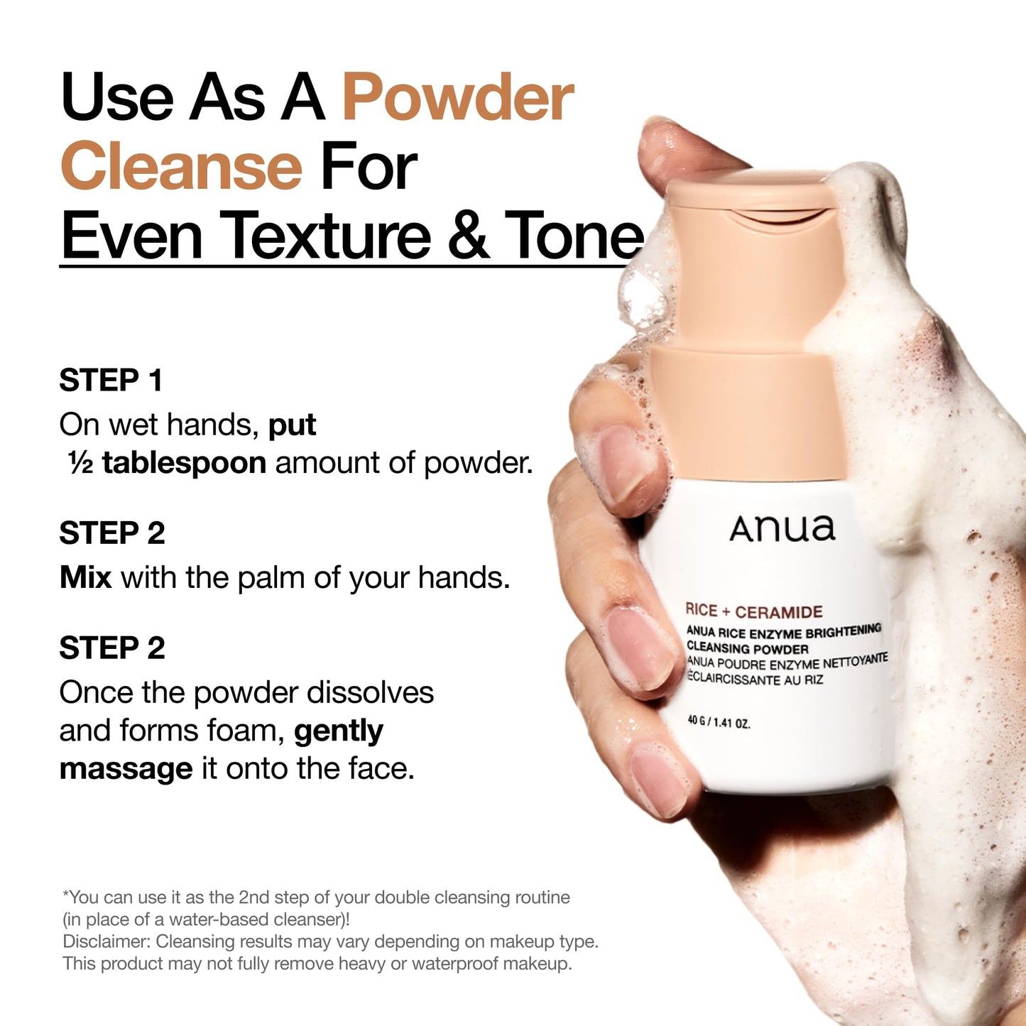 ANUA Rice Enzyme Brightening Cleansing Powder, Exfoliating Powder-to-Foam Cleanser, Smooth Texture