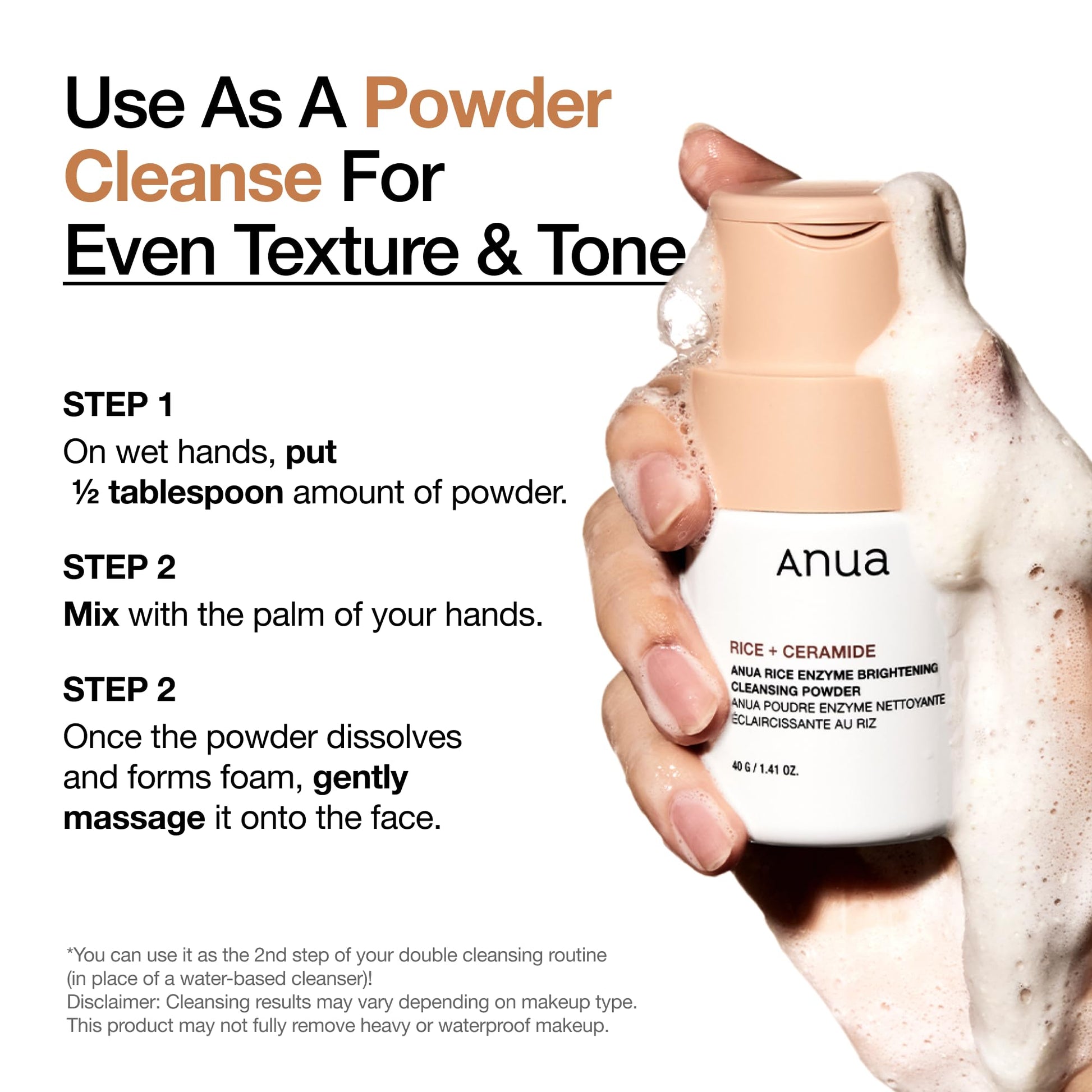 ANUA Rice Enzyme Brightening Cleansing Powder, Exfoliating Powder-to-Foam Cleanser, Smooth Texture