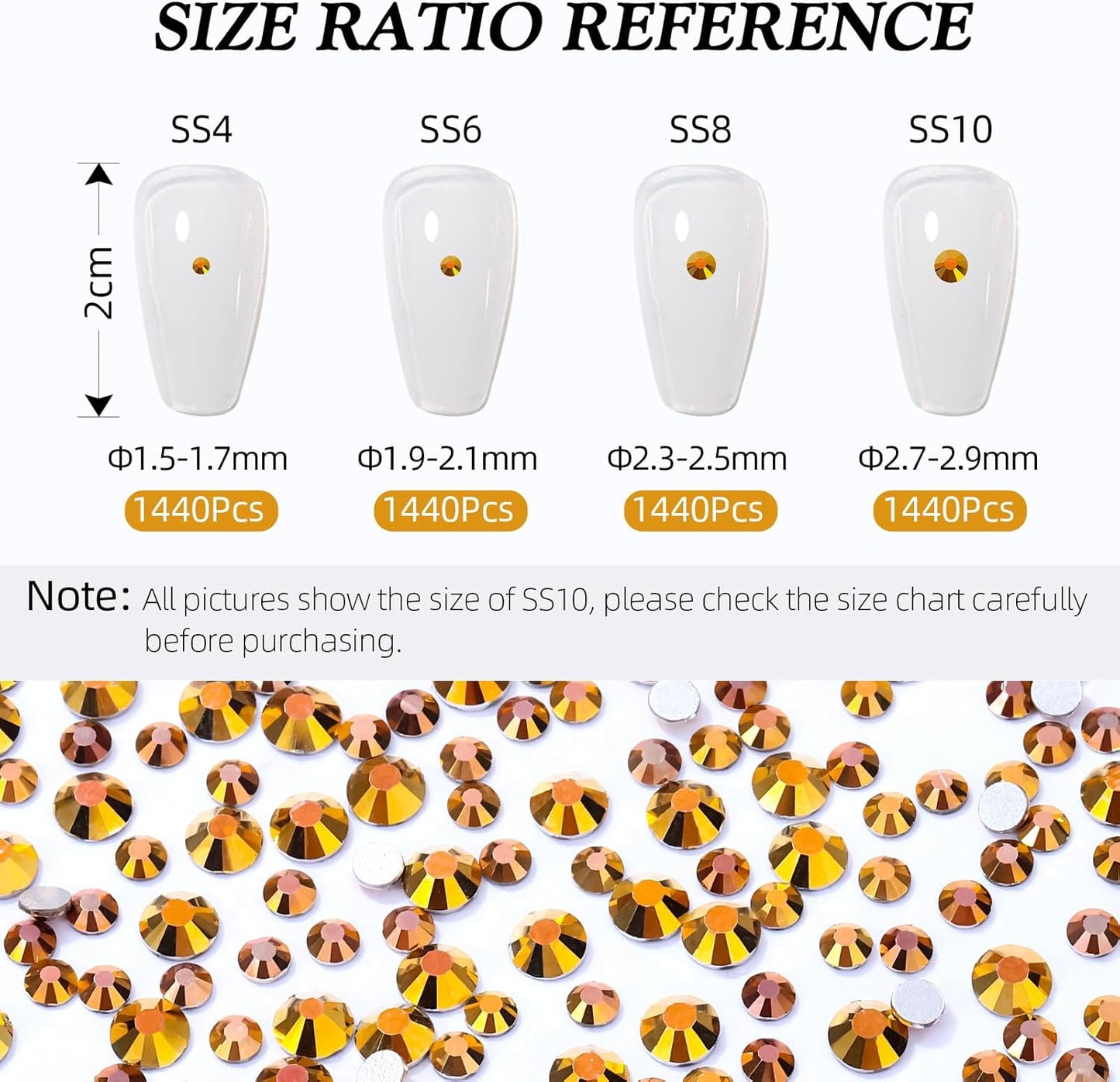 Gold Flatback Rhinestones, Glass Rhinestones for Nail Art and Craft, Glue Fix, Loose Crystal Gemstones(Gold, SS10, 1440pcs, 2.7-2.8mm)