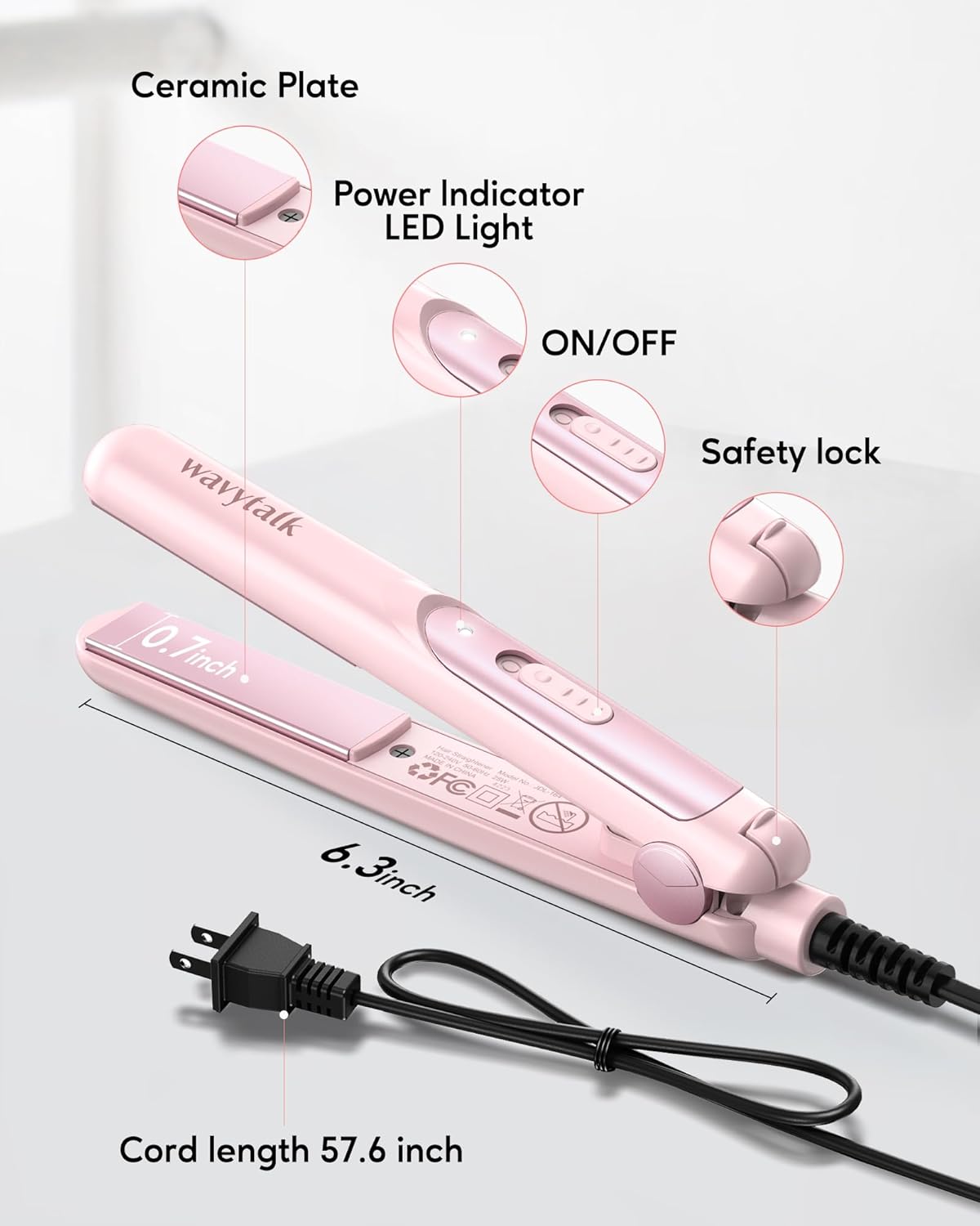 Wavytalk Mini Portable Flat Iron, 0.7 Inch Dual Voltage Hair Straightener - Small Flat Irons for Short Hair, Curls Bangs, Worldwide Use for Travel, Pink