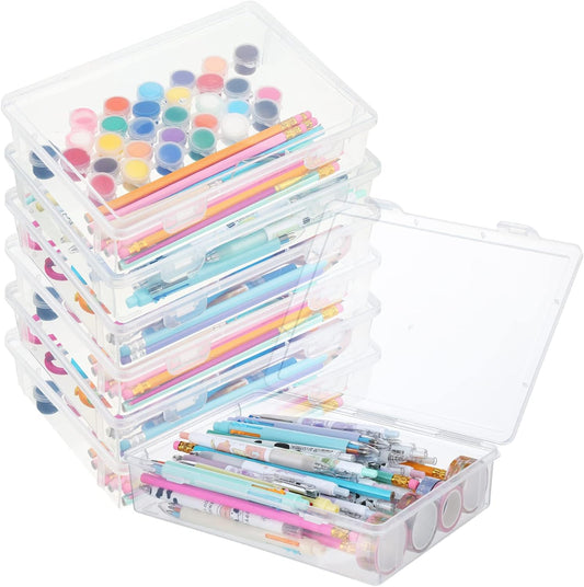 Qunclay 6 Pcs 10.6'' x 7.7'' x 2'' Plastic Storage Box with Lid Multipurpose Craft Organizers Plastic Containers Clear Pencil Case Art Satchel Storage Case for Beads Ornaments Crafts Accessories