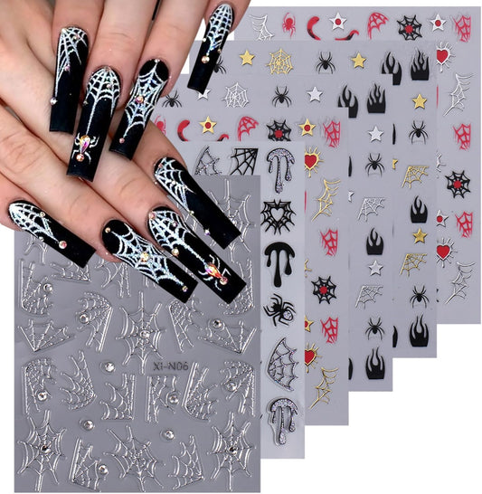 6 Sheets Spider 3D Self-Adhesive Gold Silver Red Web Star Design Decals for Women Halloween