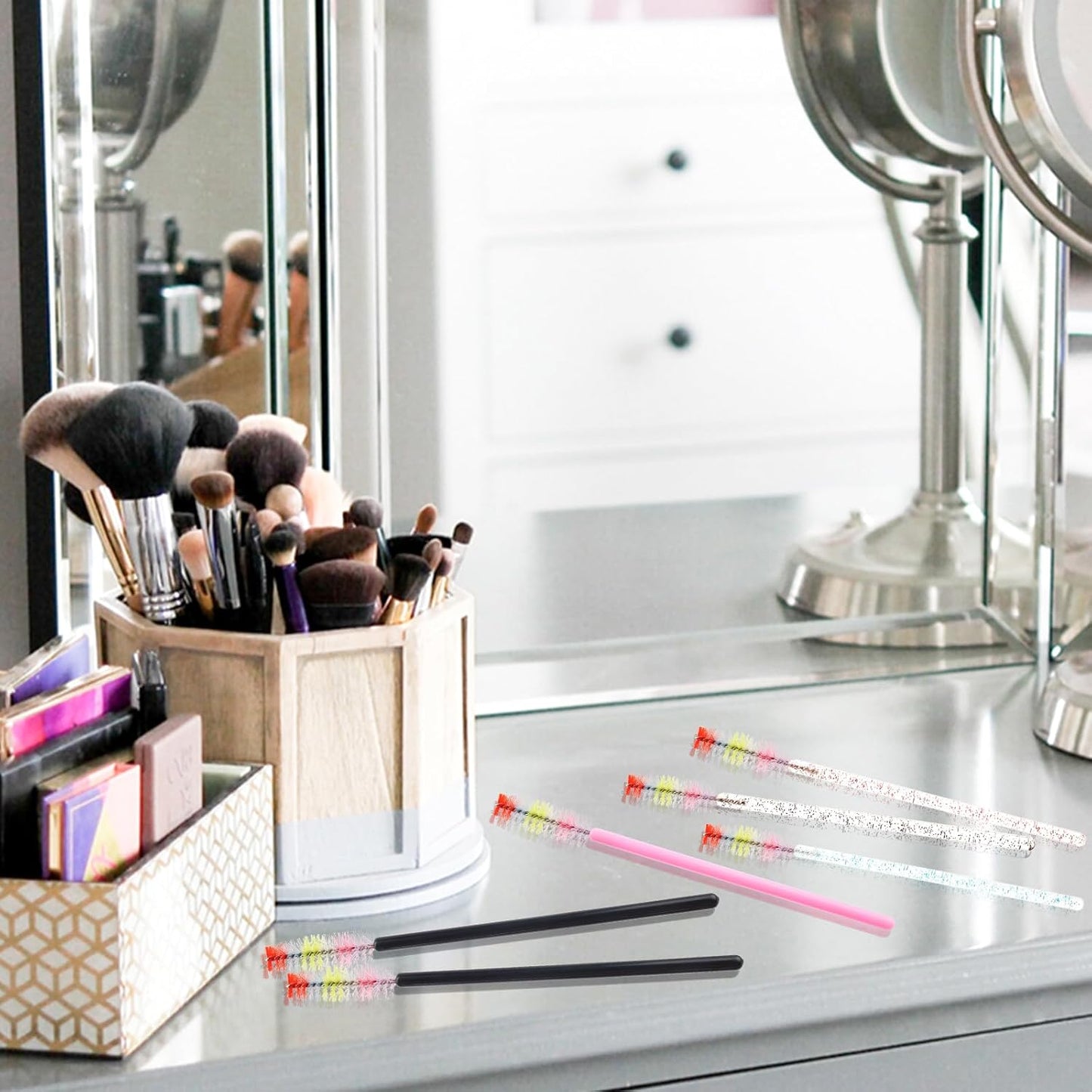 300PCS Disposable Mascara Wands Spoolie Brush Crystal Eyebrow Rainbow Brushes Eyelash Extension Applicator Makeup Kits.myaokue-up(Mix 6 Color)