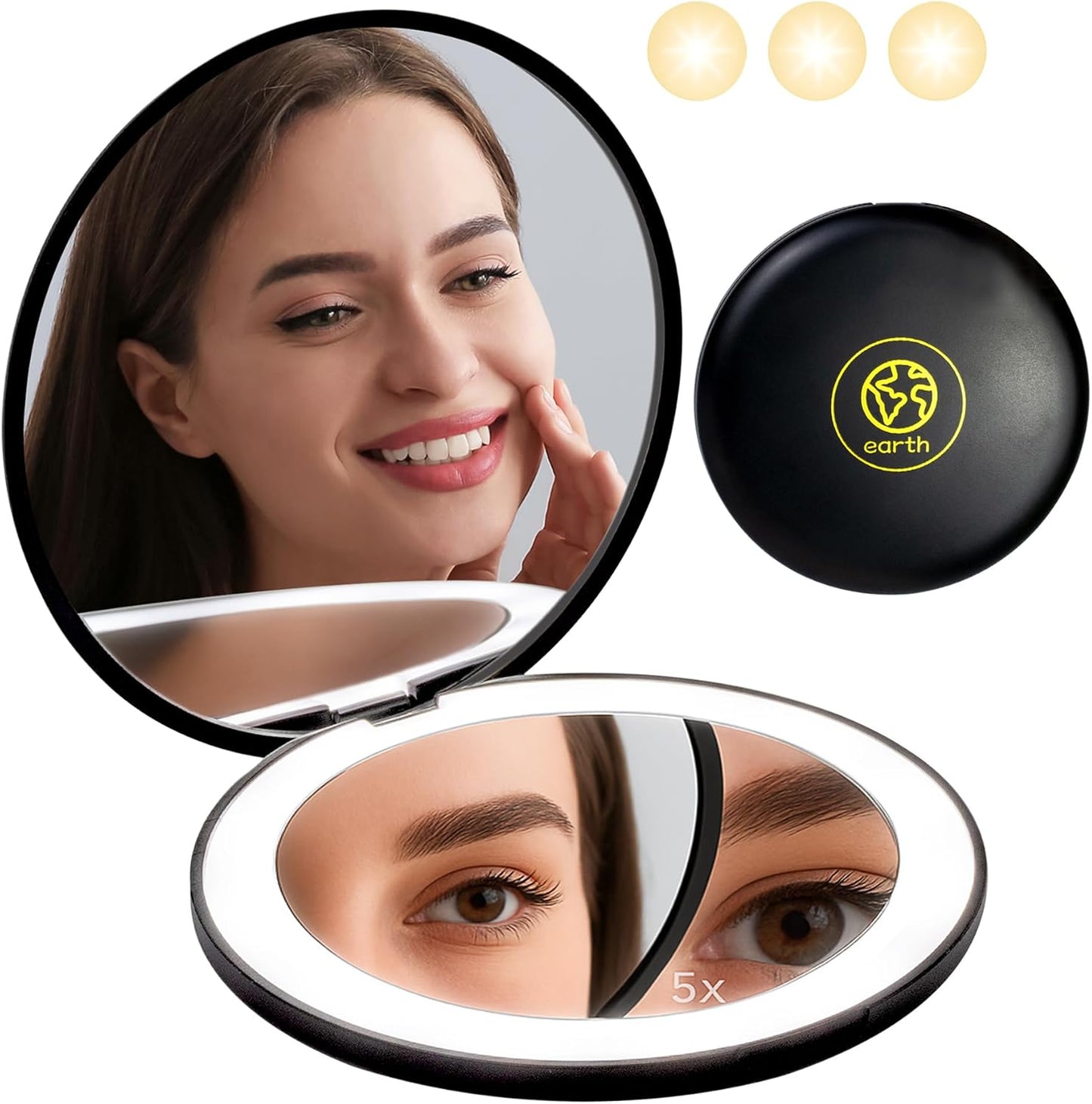 LanJo Lighted Compact Mirror with 1X/5X Magnification, Stepless Dimming & 3 Adjustable Light Settings, Rechargeable Makeup Mirror for Purse, Travel & Gifts – Earth Sign Zodiac Design – Black