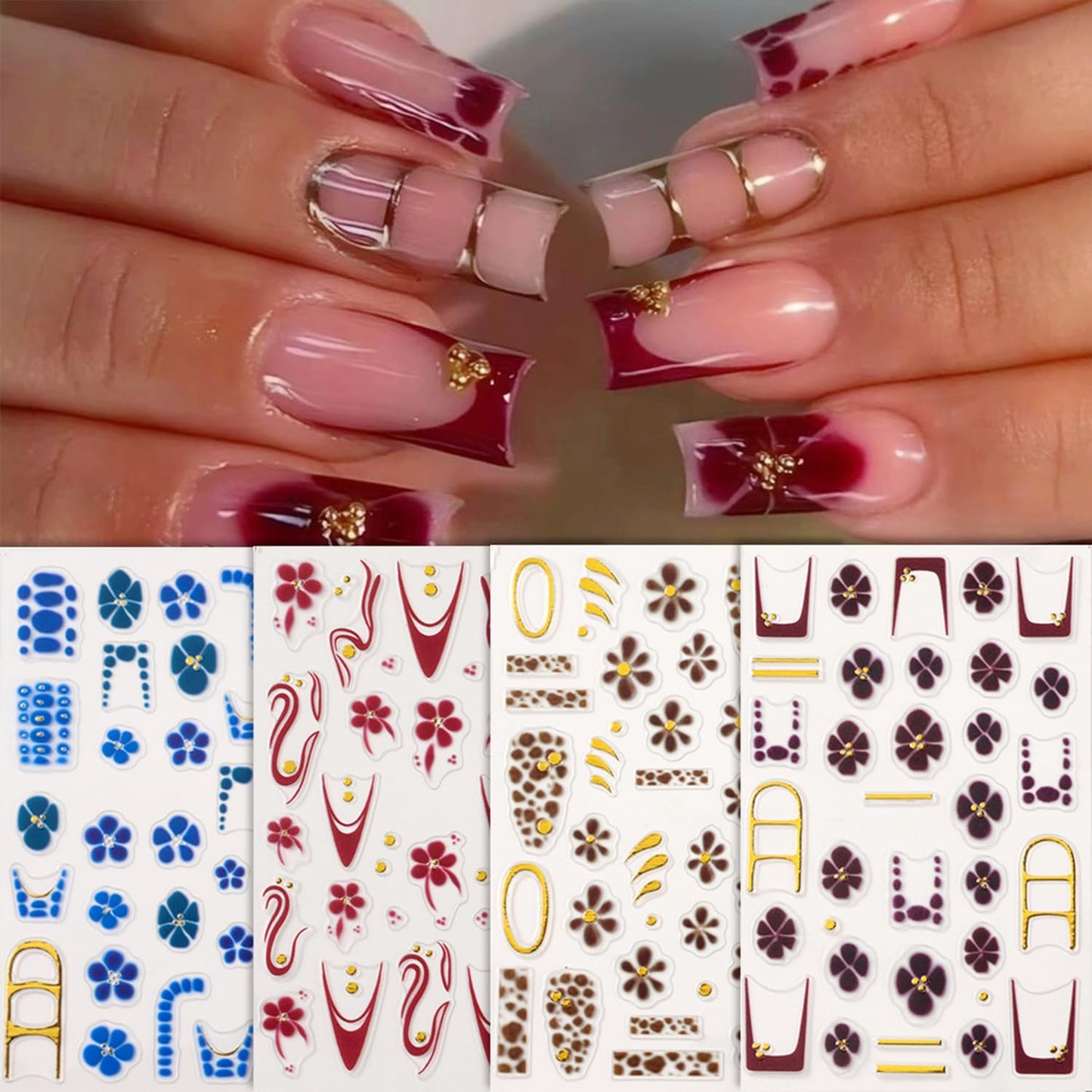 5 Sheets Autumn Winter Flower Nail Art Stickers 3D Self-Adhesive Nails Stickers Floral Strawberry Daisy Pattern French Tip Design Wine Red Brown Blue Gold 3D Decals Women DIY Nail Art Decoration