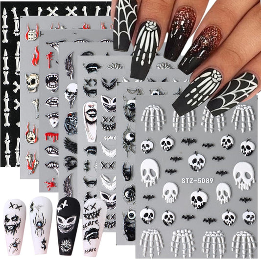 8 Sheets Halloween Nail Stickers for Nail Art 5D Self-Adhesive Gothic Bat Skeleton Spider Nail