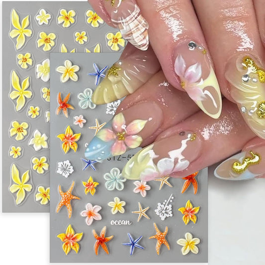 5D Embossed Flower Nail Art Stickers Decals 2 Sheets Summer Flowers Nail Stickers Ocean Starfish