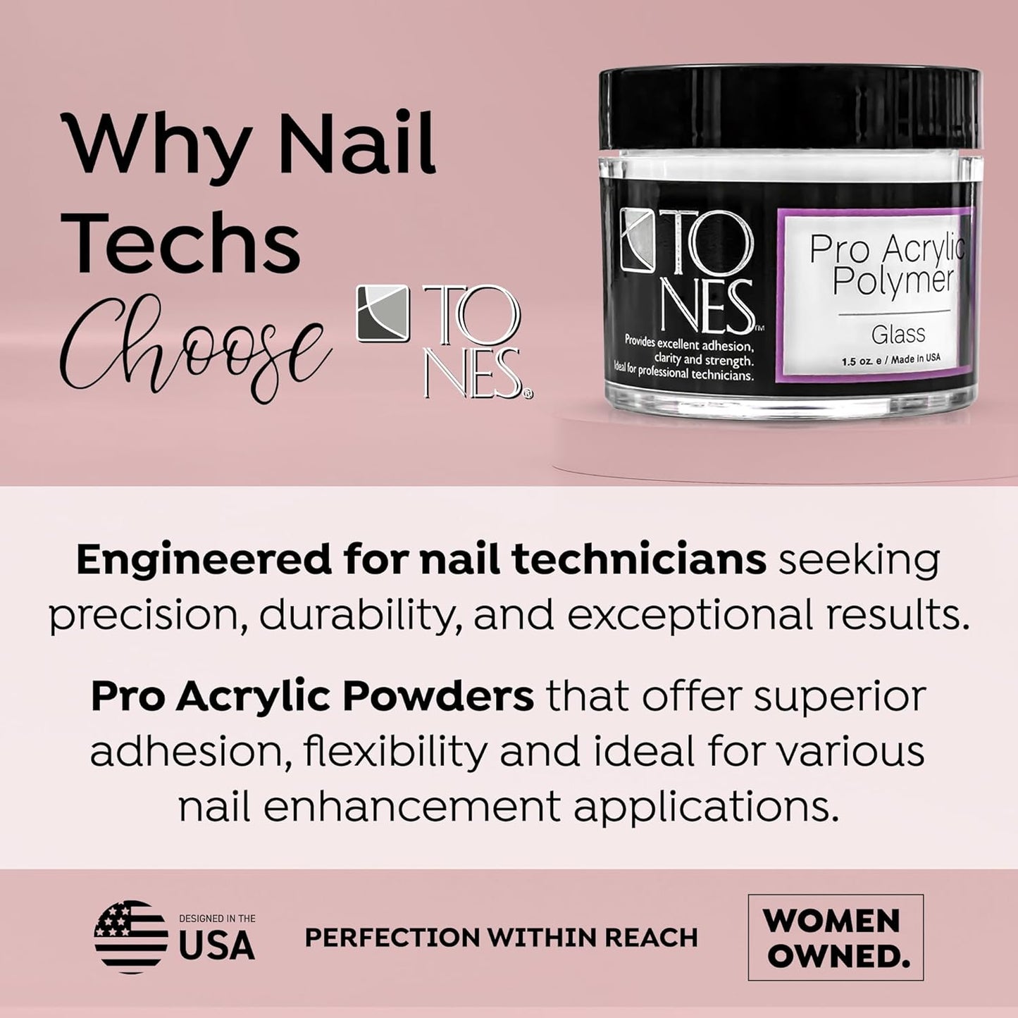 Tones Pro Acrylic Nail Powder, Glass (Clear), (3.5 Fl Oz) - Long-Lasting & Non-Yellowing Polymer for Salon Quality Nail Extensions & 3D Art