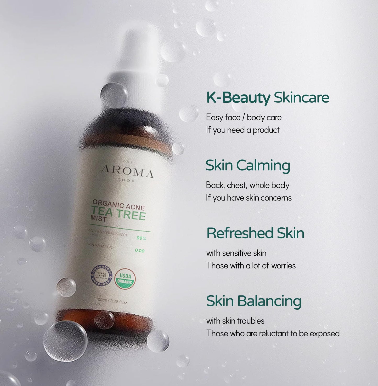 The Aroma Shop USDA Certified Organic Tea Tree Mist - Face & Body Spray for Blemish Prone &